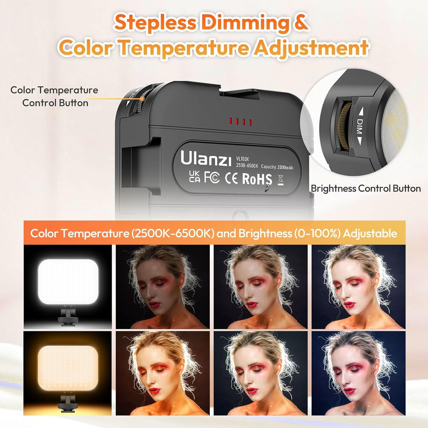 VL100X Selfie Light, Clip LED Light Panel for Phone/Laptop/Tablet/Computer, Bi-Color Portable Clip Camera Light with Dimmable 2500-6500K with 2000Mah Battery for Video Conference/Picture