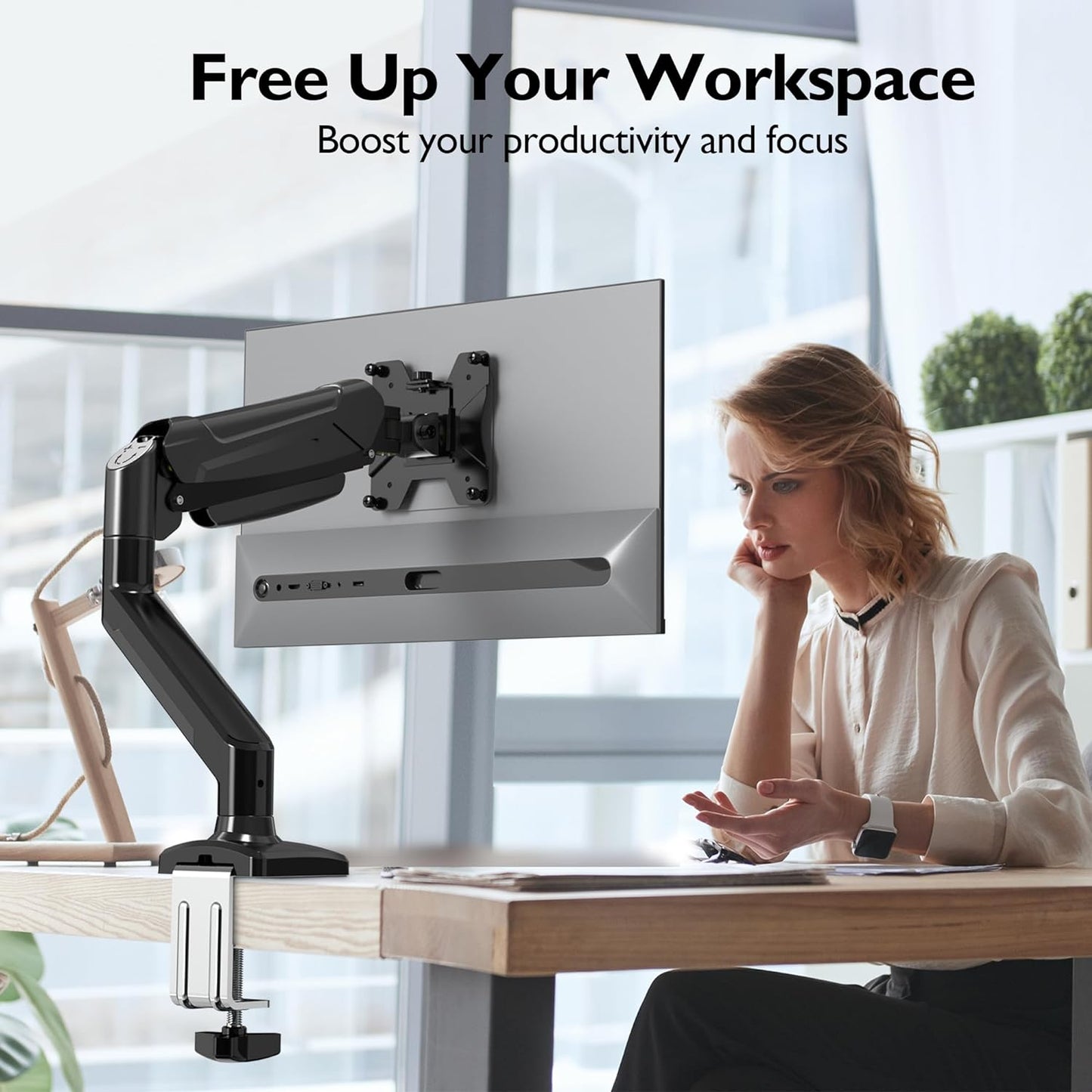 Single Monitor Desk Mount, 13 to 34 Inch Gas Spring Monitor Arm, Adjustable Stand, VESA Mount with Clamp and Grommet Base, Fits 6.6 to 19.8Lbs LCD Computer Monitors, Cable Management, Black