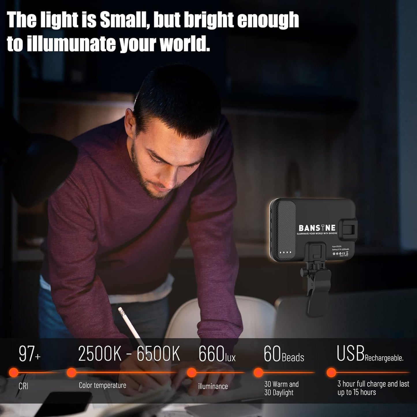 Selfie Light - Usb-Rechargeable LED Phone Light - Portable Photo Light with 97+ CRI, up to 6500K Color Temperature for Selfie, Zoom Conference, Video, Makeup and Live Stream
