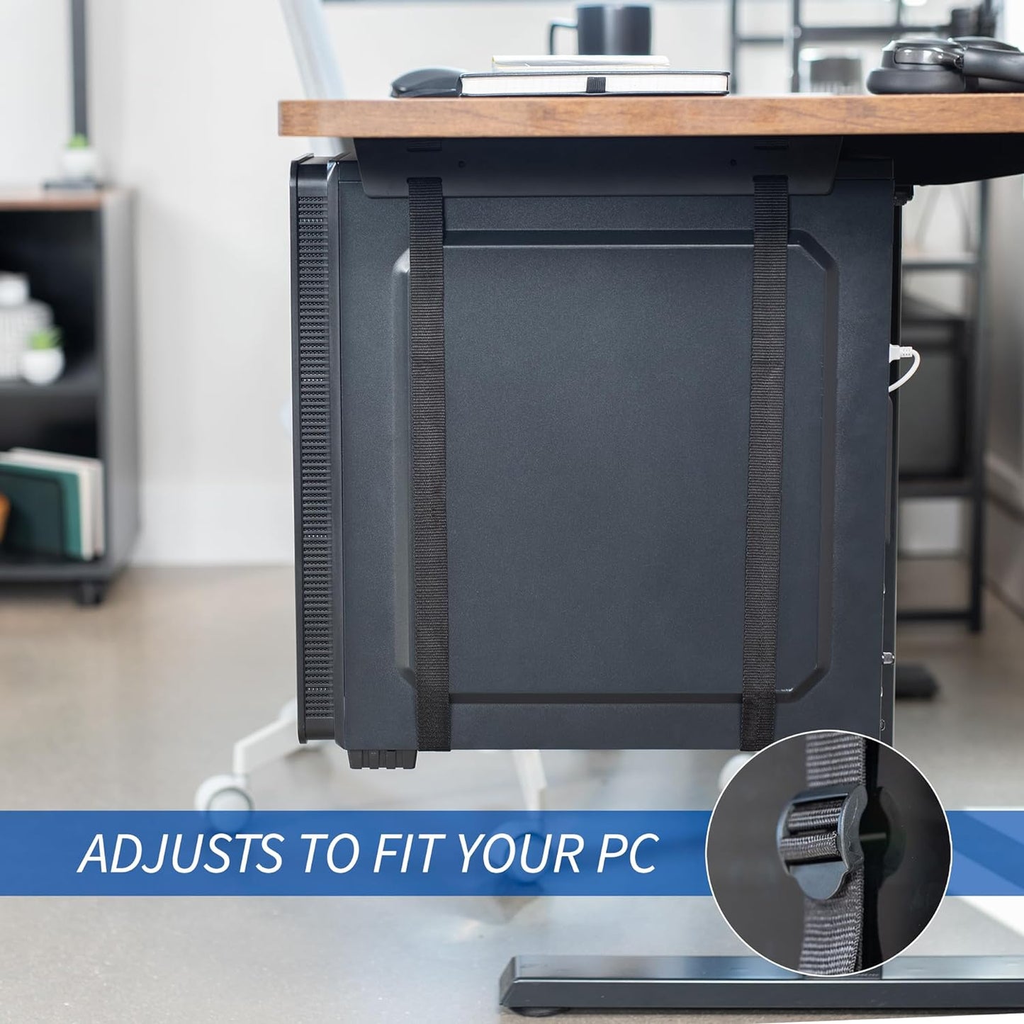 Under-Desk and Wall Mount PC Adjustable Strap and Steel Bracket Holder, Computer Case Carrier, Black, MOUNT-PC02S