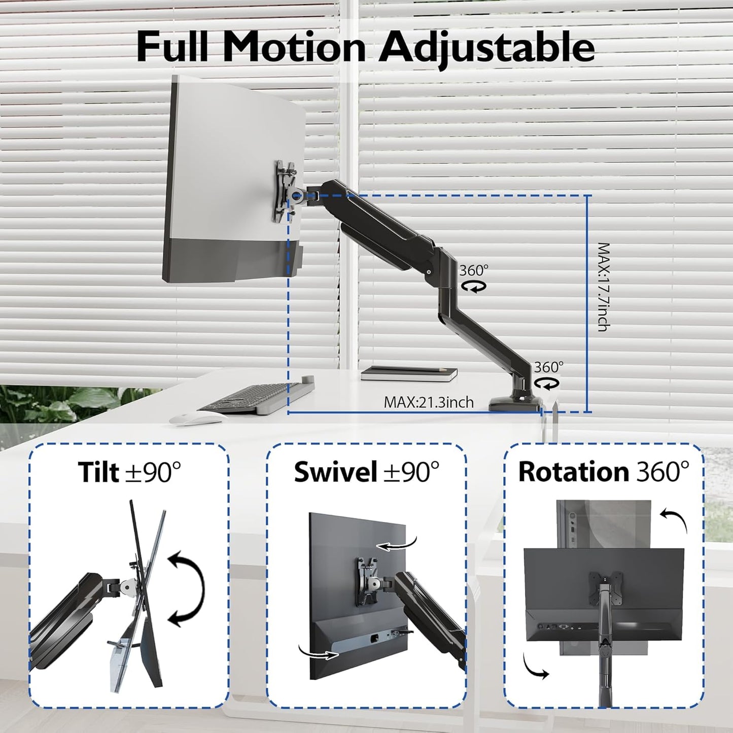 Single Monitor Desk Mount, 13 to 34 Inch Gas Spring Monitor Arm, Adjustable Stand, VESA Mount with Clamp and Grommet Base, Fits 6.6 to 19.8Lbs LCD Computer Monitors, Cable Management, Black