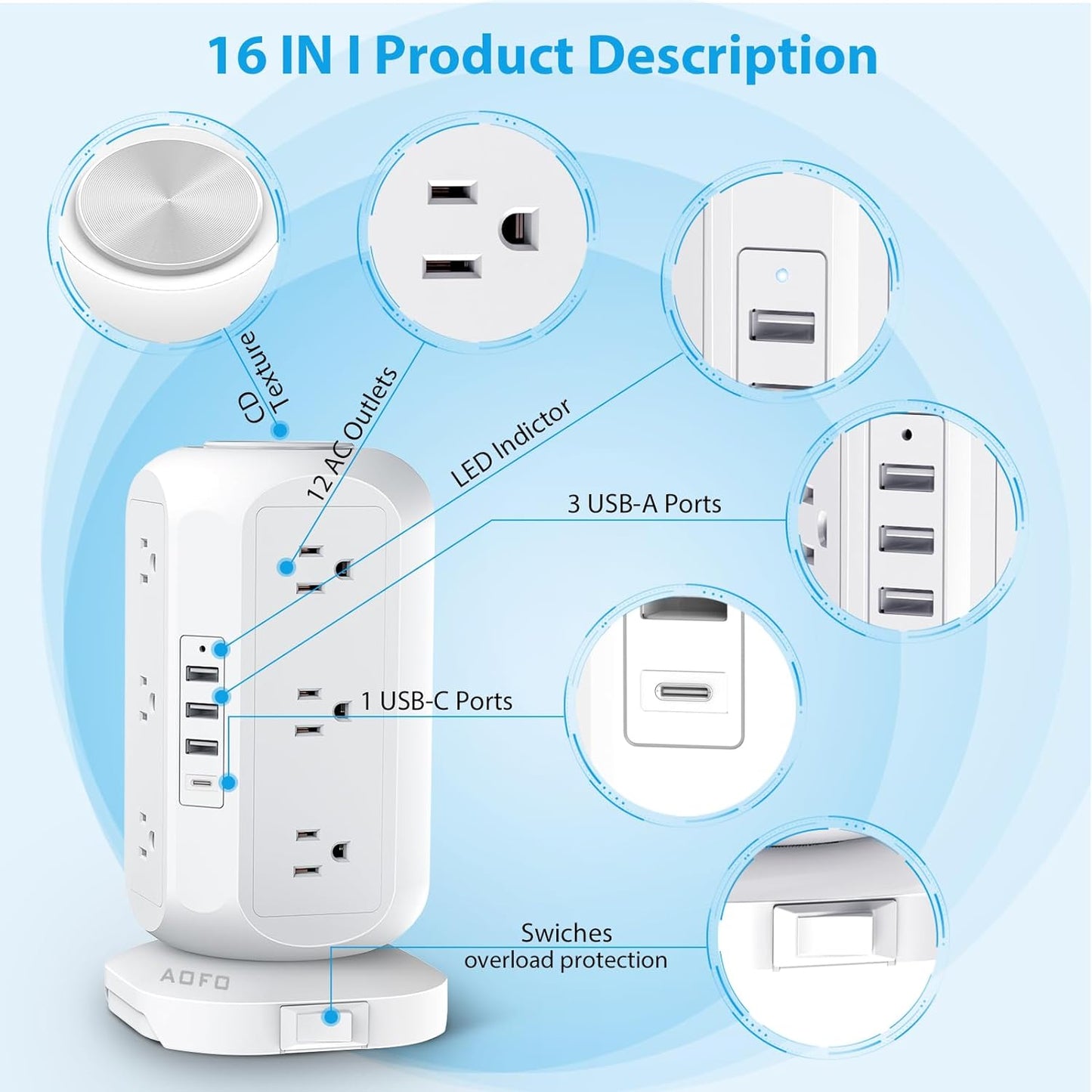 Tower Power Strip Flat Plug with 12 Outlets 4 USB(1 USB C), Surge Protector Charging Station with Overload Protection, Widely Spaced Multiple Outlets 10Ft Extension Cord for Home, Dorm,Office