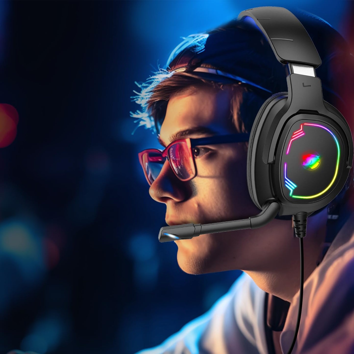 Gaming Headset for Pc/Ps4/Ps5/Xbox One/Switch, Stereo Surround Sound Gaming Headphones with Noise Canceling Flexible Mic, Computer Headset with 3.5Mm Jack & RGB Light(Blue)