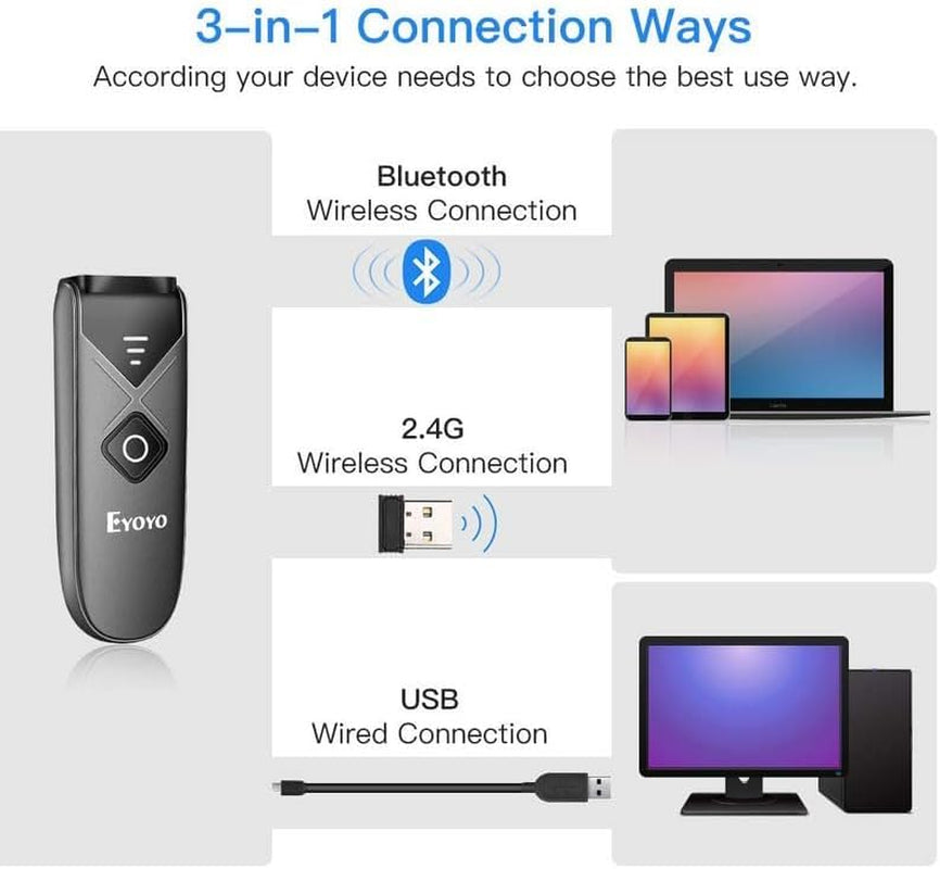 Bluetooth 2D&1D Barcode Scanner, Portable Wireless Mini Barcode Reader with 2.4G Wireless/Bluetooth/Usb Wired Connection QR Code Scanner Compatible with Pad, Phone, Android, Tablet PC