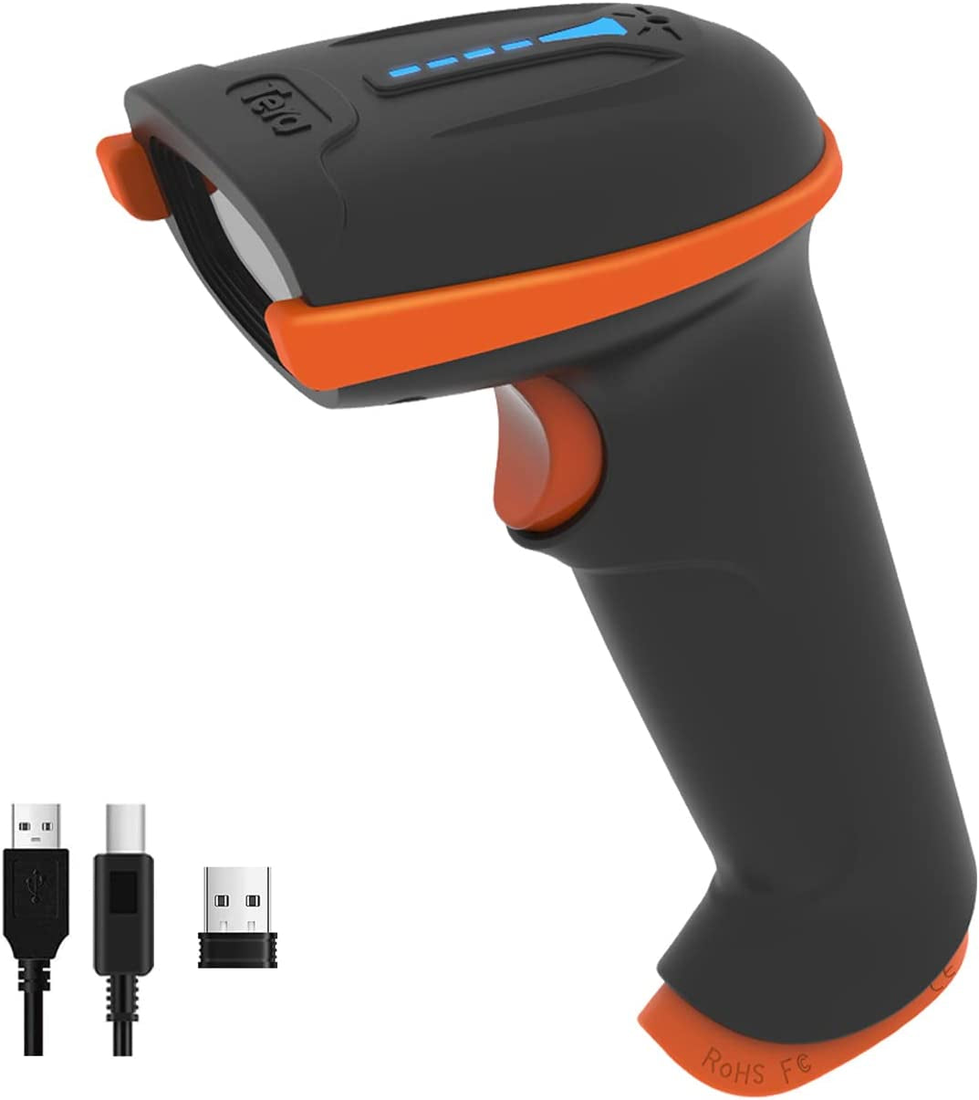 Barcode Scanner Wireless 1D Laser Cordless Barcode Reader with Battery Level Indicator, Versatile 2 in 1 2.4Ghz Wireless and USB 2.0 Wired