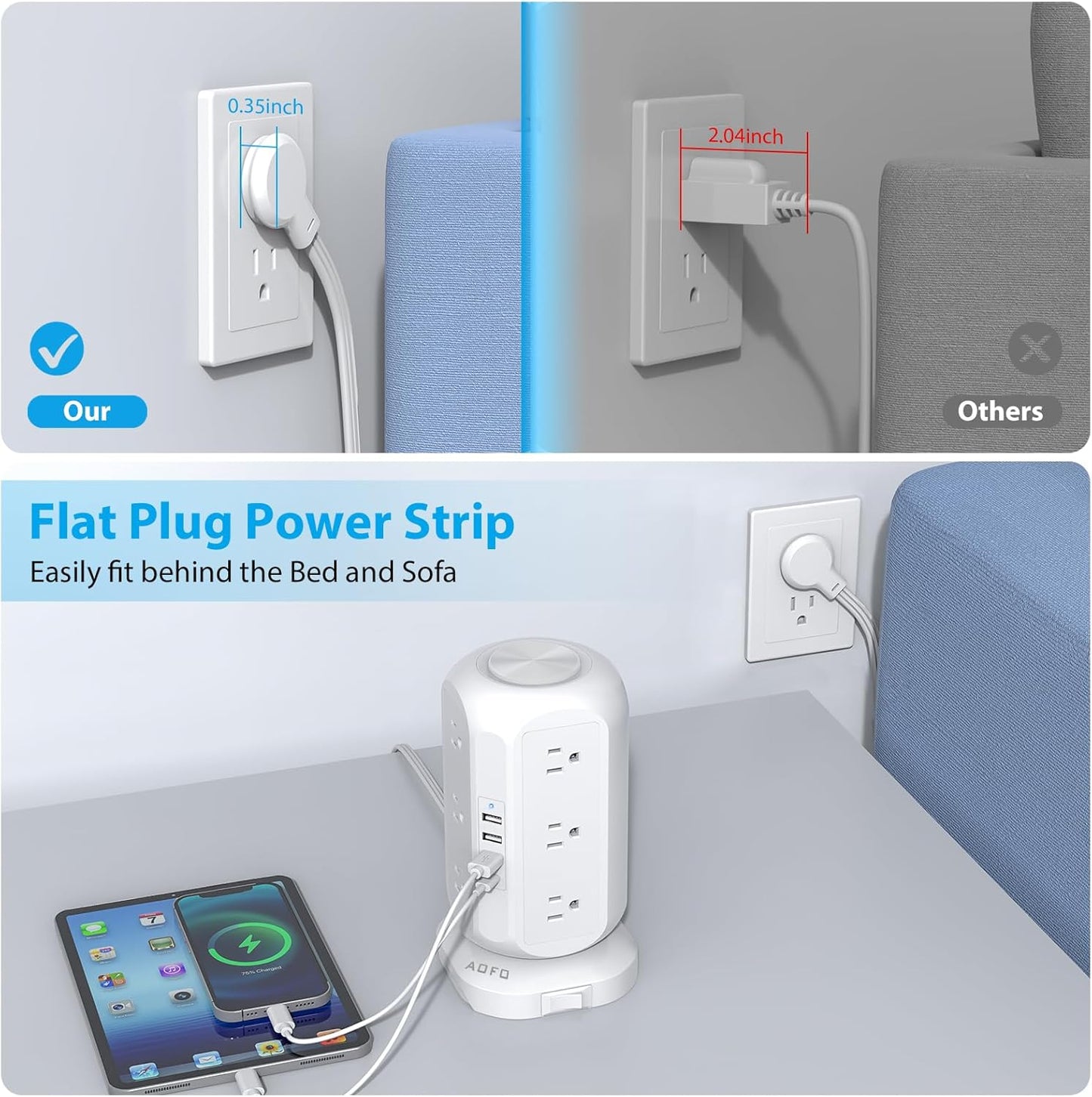 Tower Power Strip Flat Plug with 12 Outlets 4 USB(1 USB C), Surge Protector Charging Station with Overload Protection, Widely Spaced Multiple Outlets 10Ft Extension Cord for Home, Dorm,Office