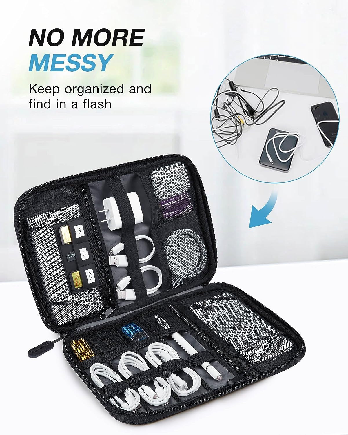 Electronics Travel Organizer Case, Tech Accessories Cord Storage Bag for Phone, Power Bank, SD Card, Cables, Black