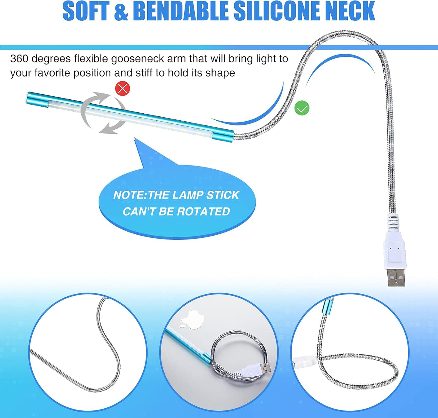 2 Pieces USB LED Light for Laptop Keyboard Light Gooseneck Computer Lamp Flexible Stick Dimmable LED Lamp Touch Switch for Reading Book(Black, Blue)
