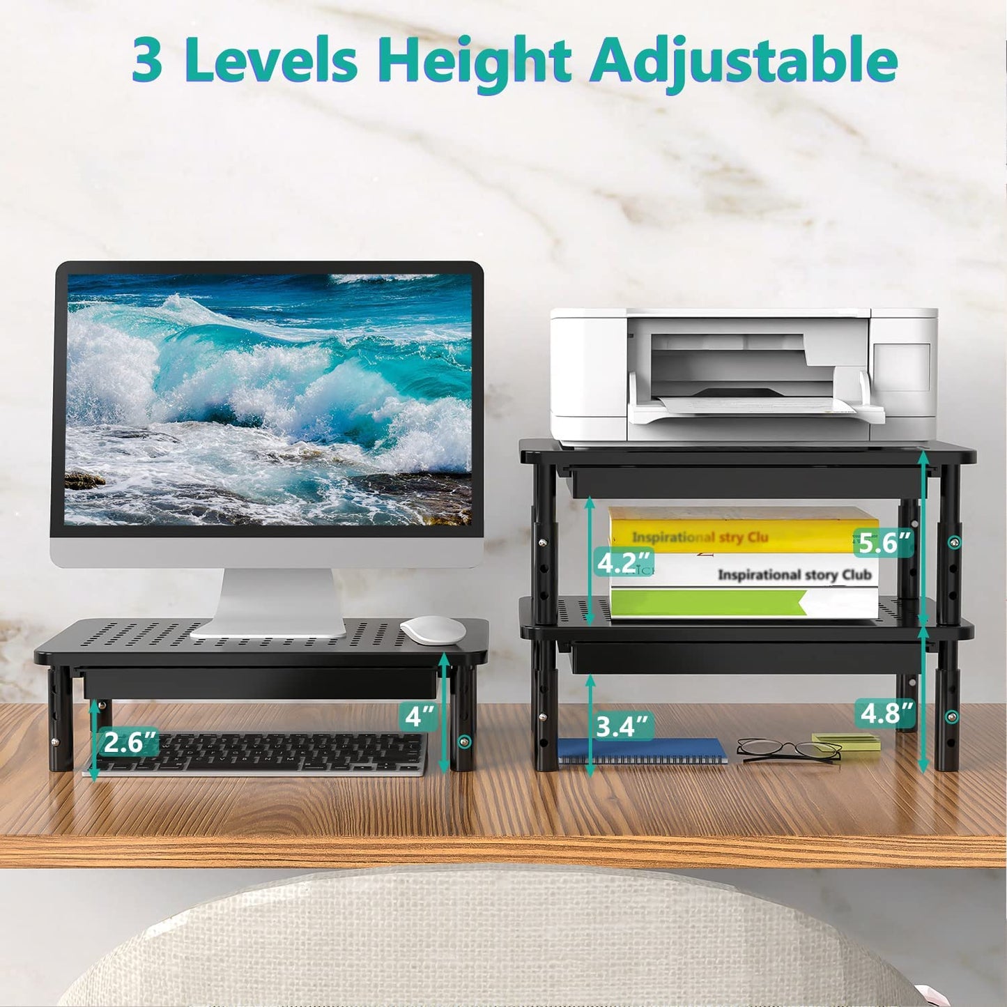 Computer Monitor Stand with Storage, Desk Monitor Riser 3 Height Adjustable, Laptop Riser with Airflow Vents, Desk Organizer for Computer, Laptop, Printer, Notebook (STT003D-B), 1 Pack, Black