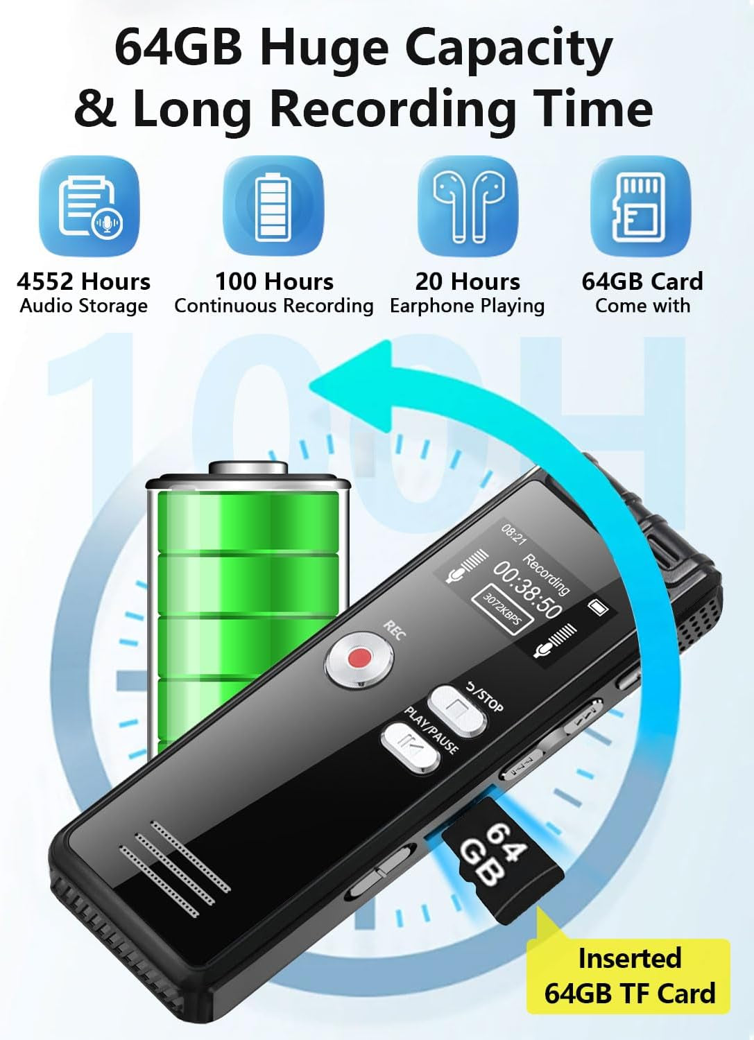 64GB Digital Voice Activated Recorder with Playback - 4552 Hours Audio Recording Device, 3072Kpbs HD Dual MIC Tape Recorder Device for Lecture A-B Repeat, MP3 Player,γ64Gb TF Card Includedγ