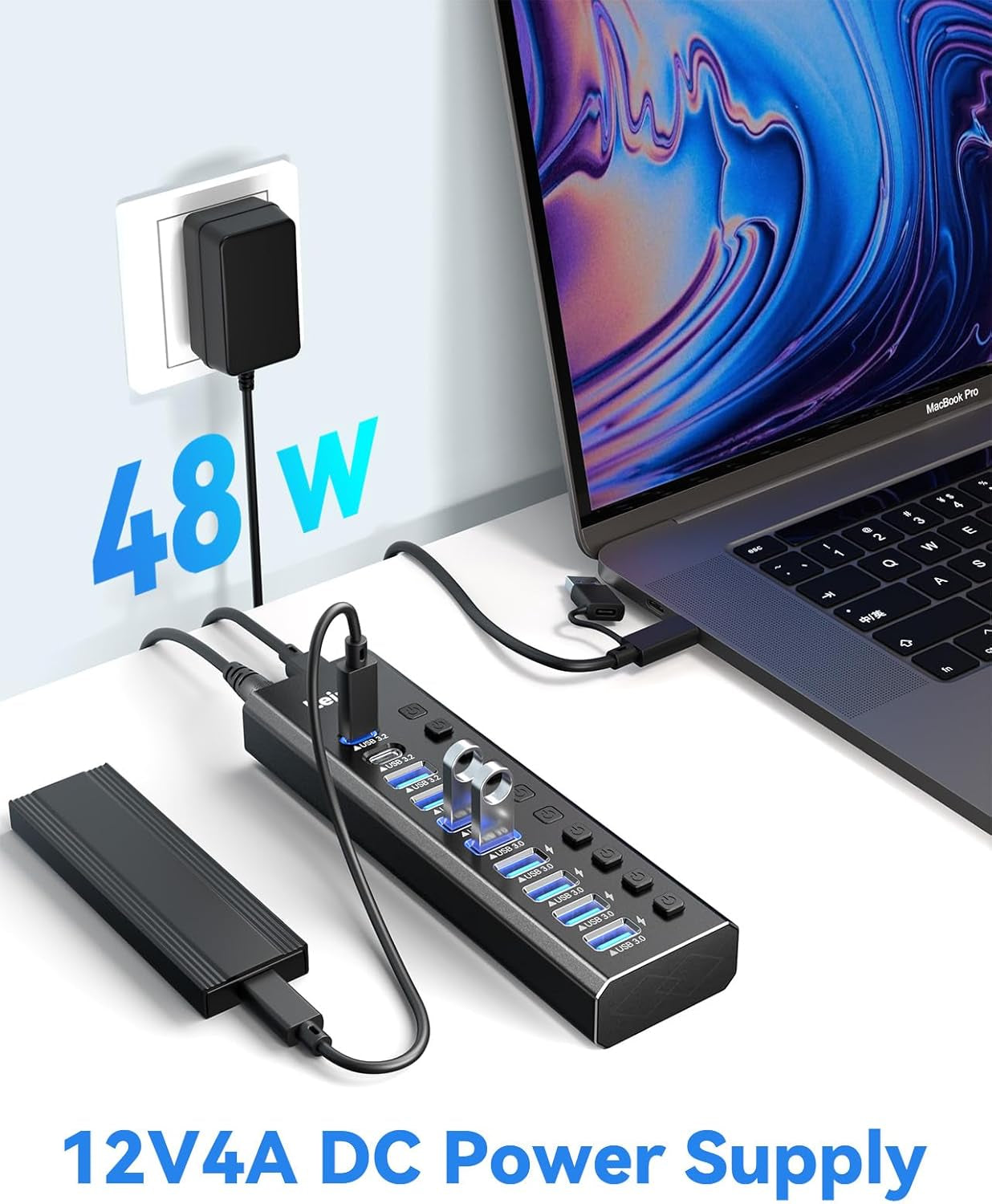 Powered USB Hub 3.2, 10-Port USB 3.2/USB C Hub (10Gbps USB-A 3.2 +2 USB-C 3.2 +7 USB 3.0 Ports) with Individual On/Off Switches and 12V Power Adapter, Aluminum USB Hub Powered for Laptop PC
