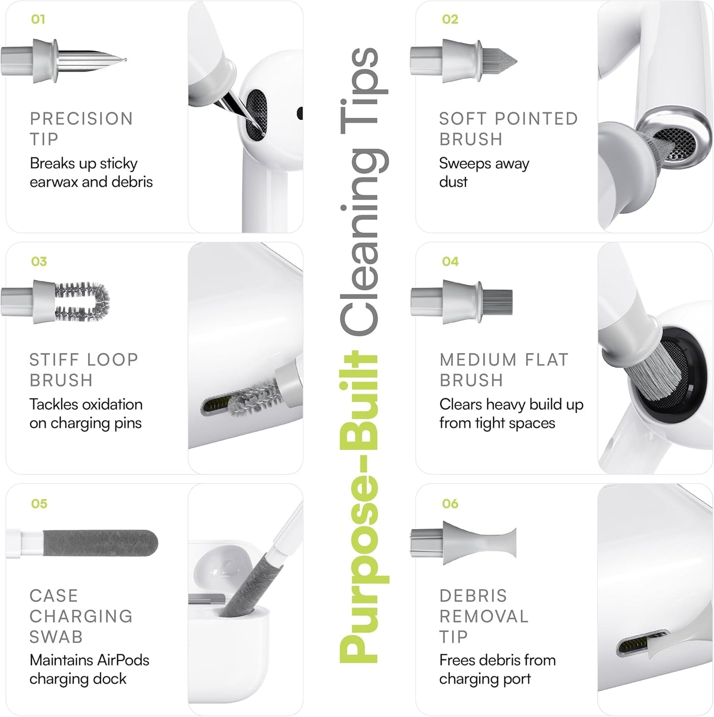 Air Care 2.0 Airpods Cleaning Kit - Patented Multi-Tool Cleaner with Interchangeable Brush Tips for Airpods, Iphone and Apple Devices with Sticky Squares Putty, Hard Case and Travel Pouch