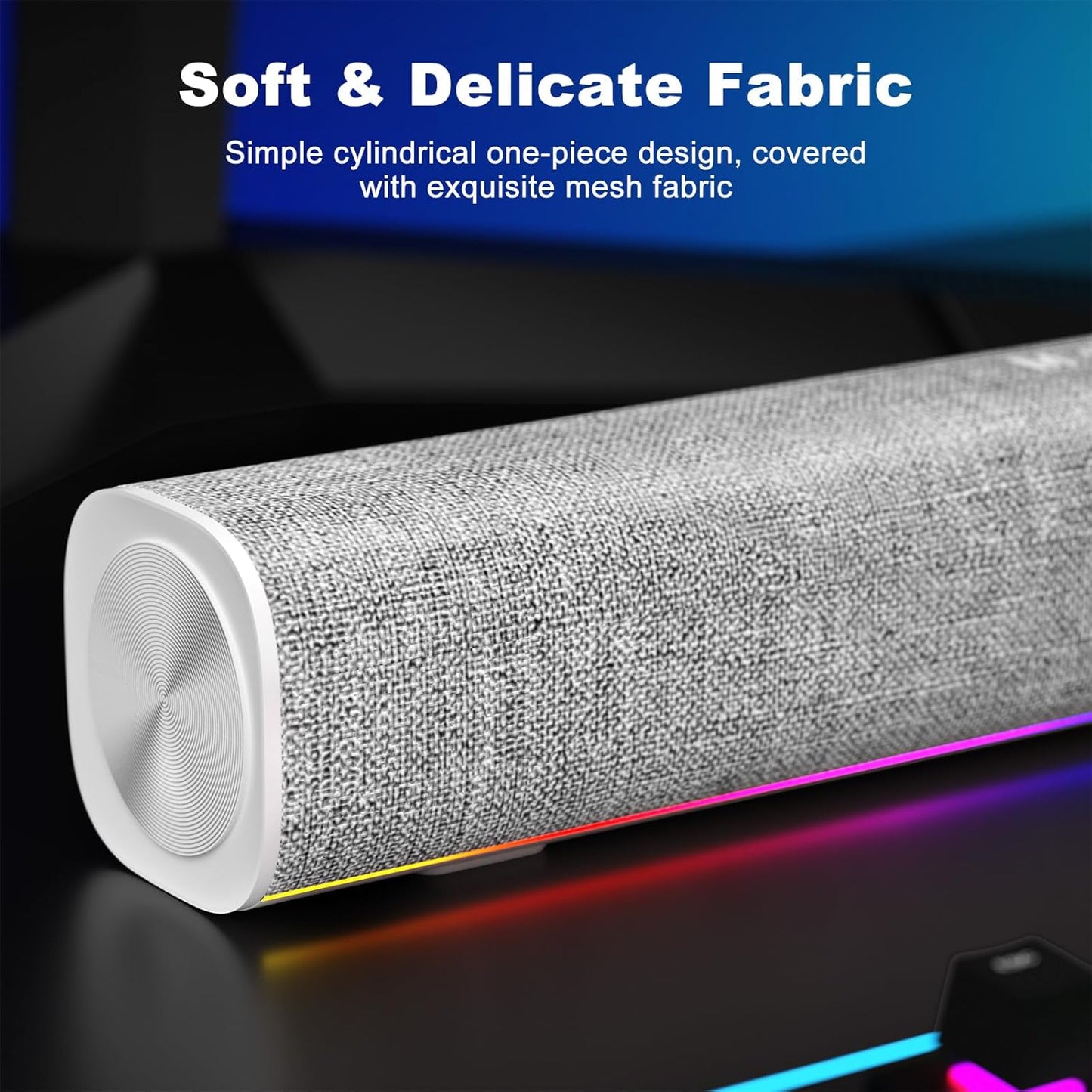 R100 Bluetooth Computer Speakers with Dynamic LED Light, USB Plug & Play PC Speakers with Switch Button, Clearly Sound Soundbar for Desktop Laptop Monitor White (USB-C to USB Adapter Included)