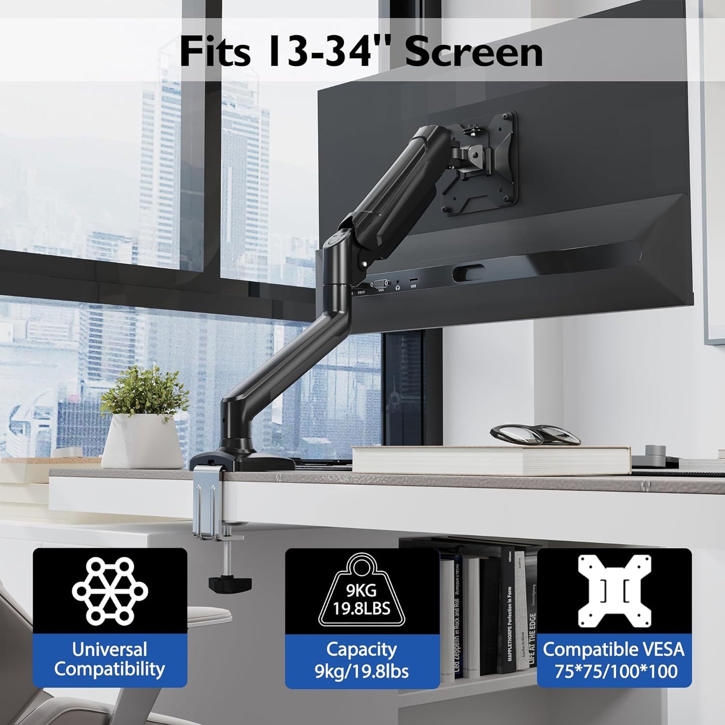 Single Monitor Desk Mount, 13 to 34 Inch Gas Spring Monitor Arm, Adjustable Stand, VESA Mount with Clamp and Grommet Base, Fits 6.6 to 19.8Lbs LCD Computer Monitors, Cable Management, Black