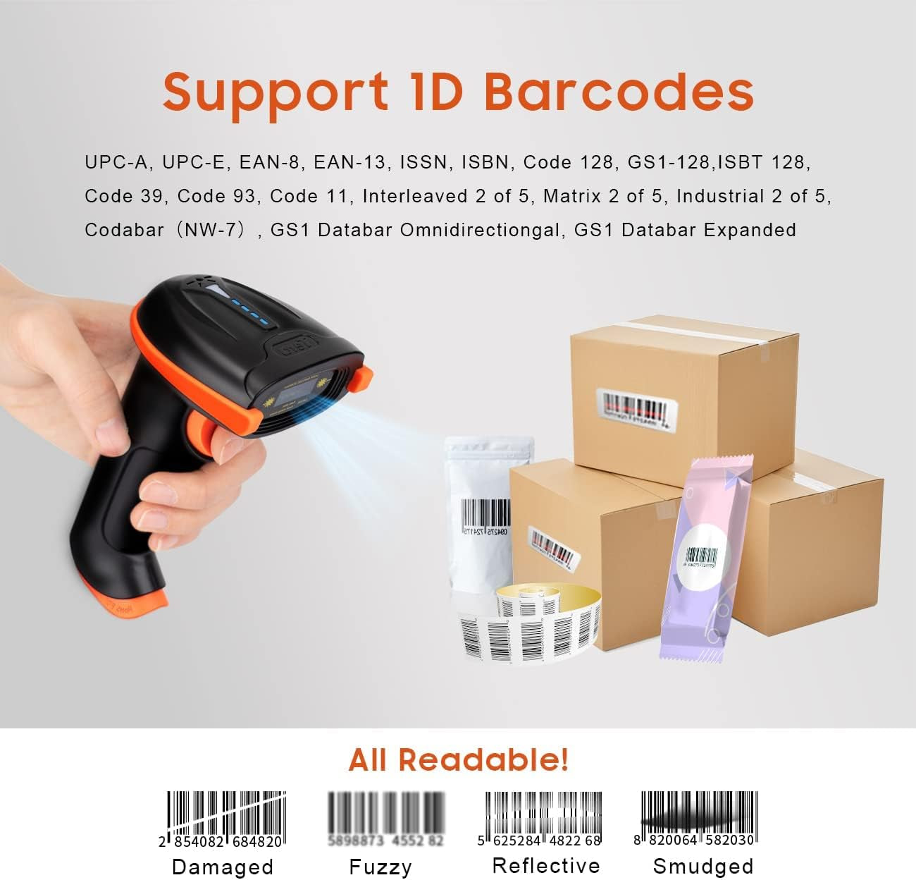 Barcode Scanner Wireless 1D Laser Cordless Barcode Reader with Battery Level Indicator, Versatile 2 in 1 2.4Ghz Wireless and USB 2.0 Wired