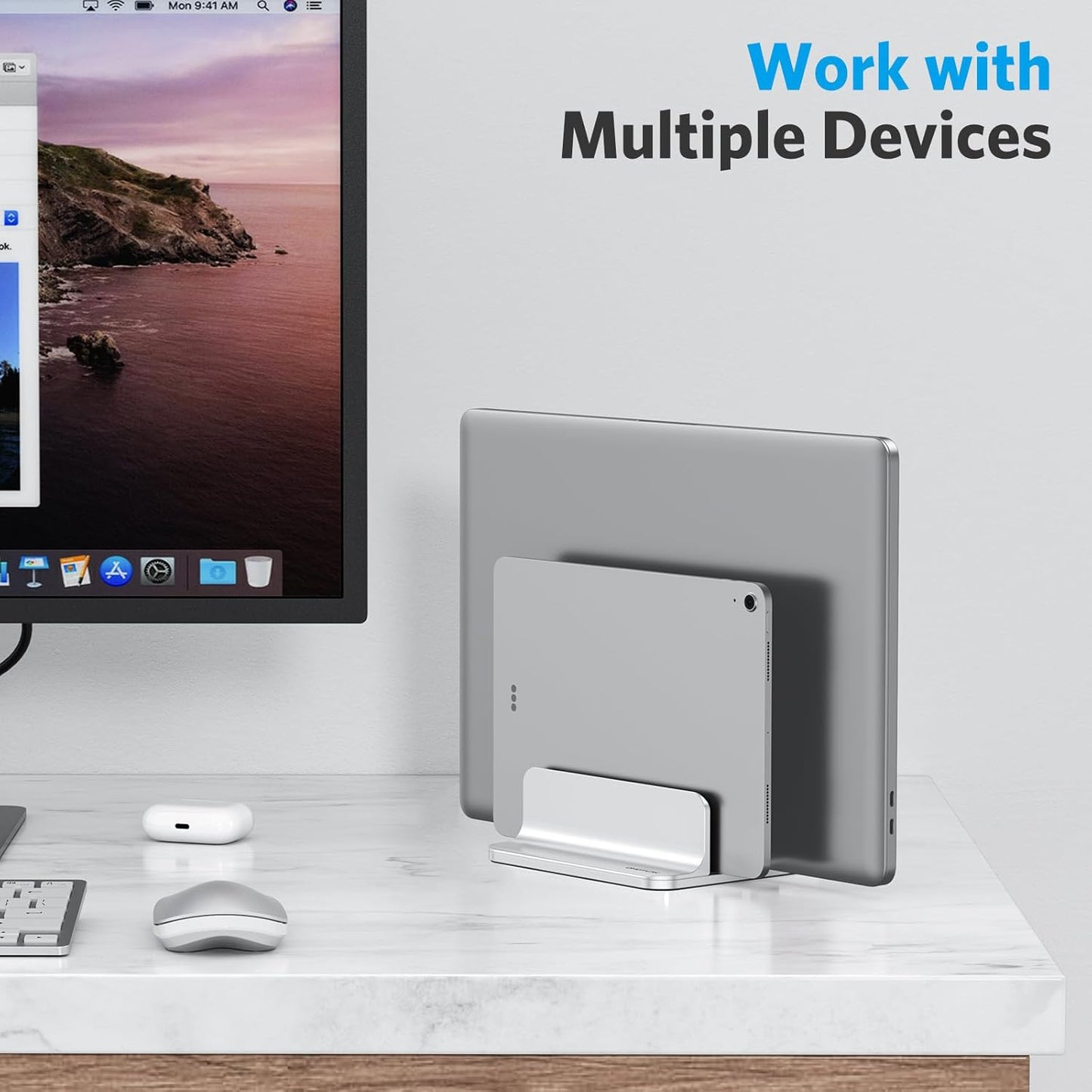 [Updated Dock Version Vertical Laptop Stand, Double Desktop Stand Holder with Adjustable Dock (Up to 17.3 Inch), Fits All Macbook/Surface/Samsung/Hp/Dell/Chrome Book (Silver)