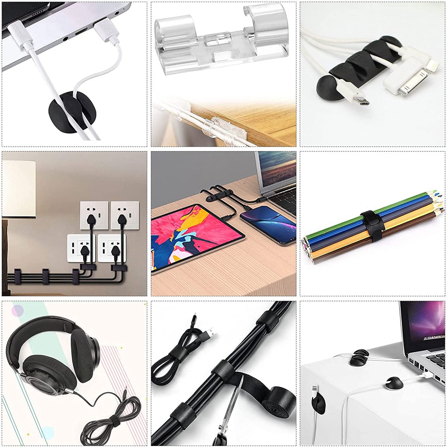 Cord Management Organizer Kit 4 Cable Sleeve Split with 41Self Adhesive Clips Holder, 10Pcs and 2 Roll Self Tie 100 Fastening Ties for TV Office Car Desk Home Black