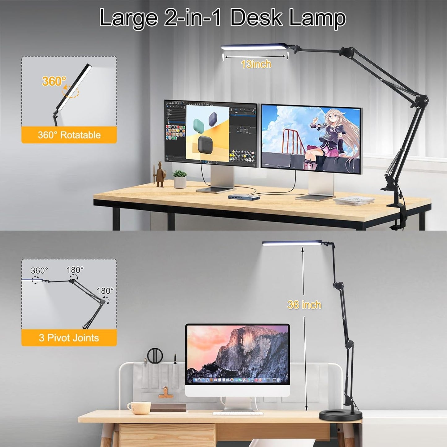NOEVS 2-In-1 LED Desk Lamp with Clamp and Base, 50.7" Adjustable Swing Arm, Memory Function for Home Office, Workbench, Reading, Craft, Drafting
