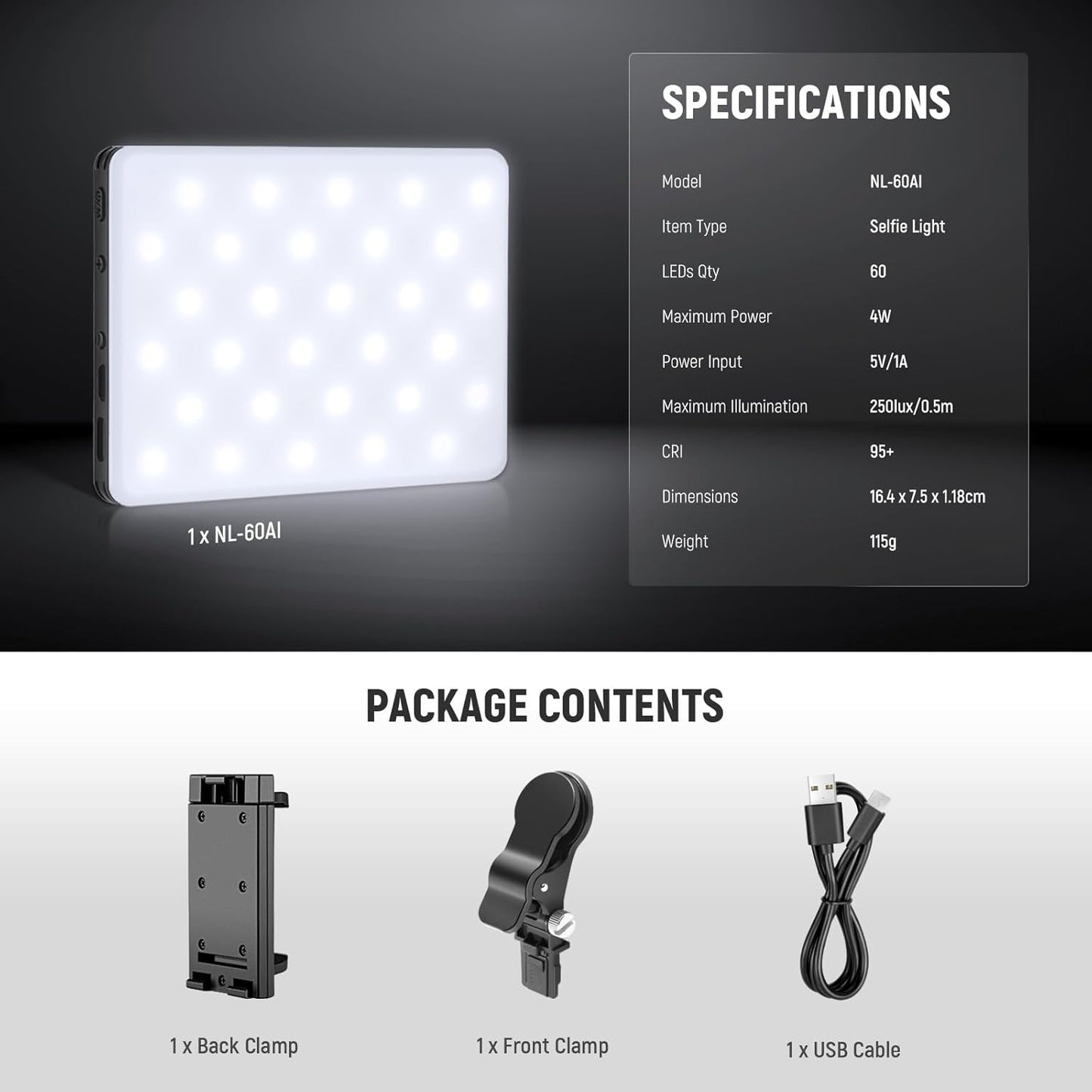 Basic Selfie Light with Front & Back Phone Clip, 60 LED 2000Mah Rechargeable CRI 95+, 3 Light Modes, Portable Clip on Light for Phone/Tablet/Laptop, Zoom Call Tiktok Video Fill Light - NL-60AI