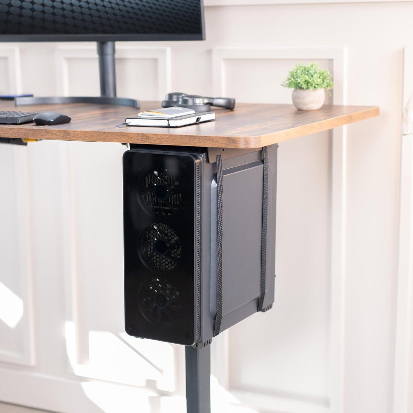 Under-Desk and Wall Mount PC Adjustable Strap and Steel Bracket Holder, Computer Case Carrier, Black, MOUNT-PC02S