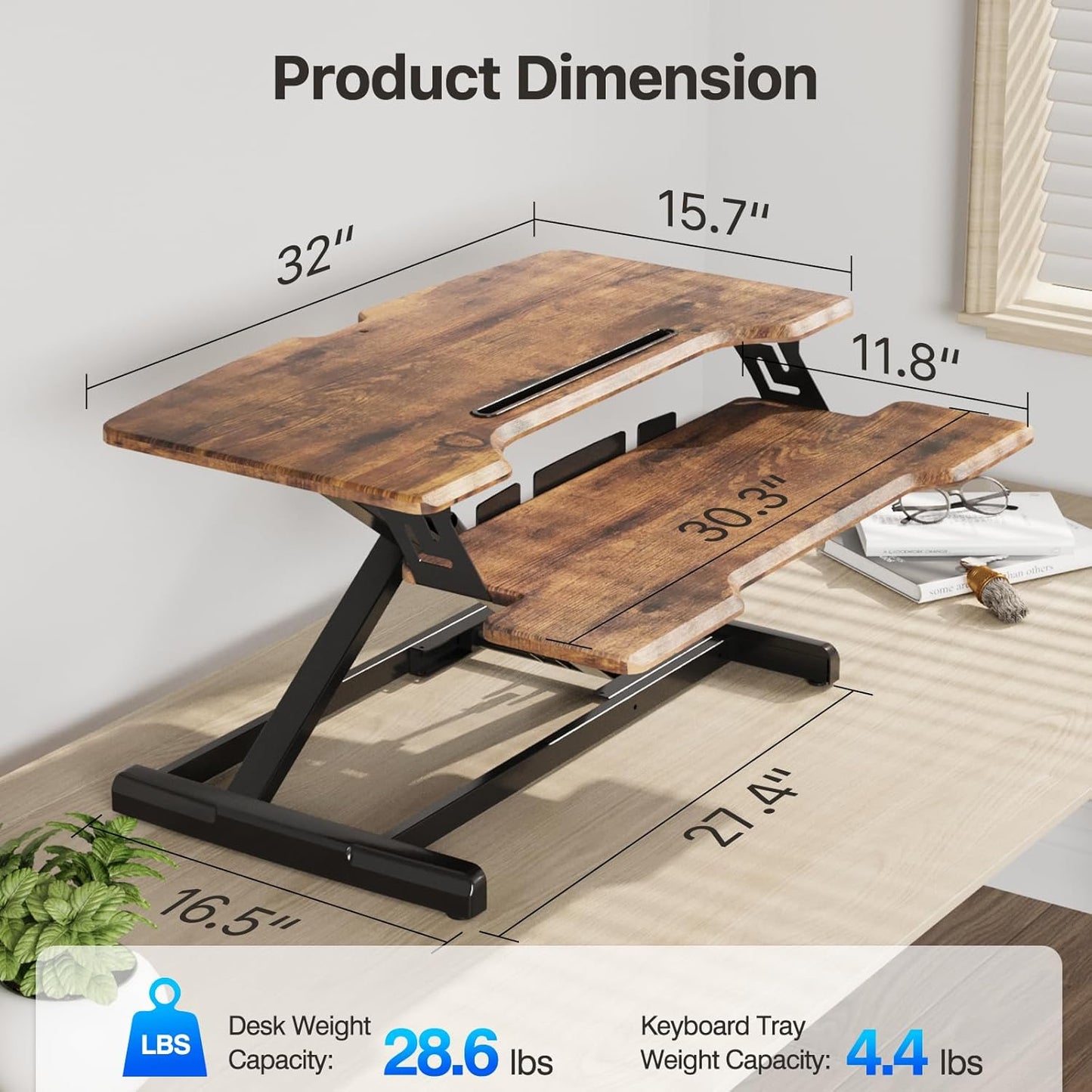 Standing Desk Converter 32 Inch, Height Adjustable Sit Stand Desk Riser, Quick Sit to Stand Desktop Dual Monitor Riser Workstation for Home Office with Keyboard Tray, Rustic Brown
