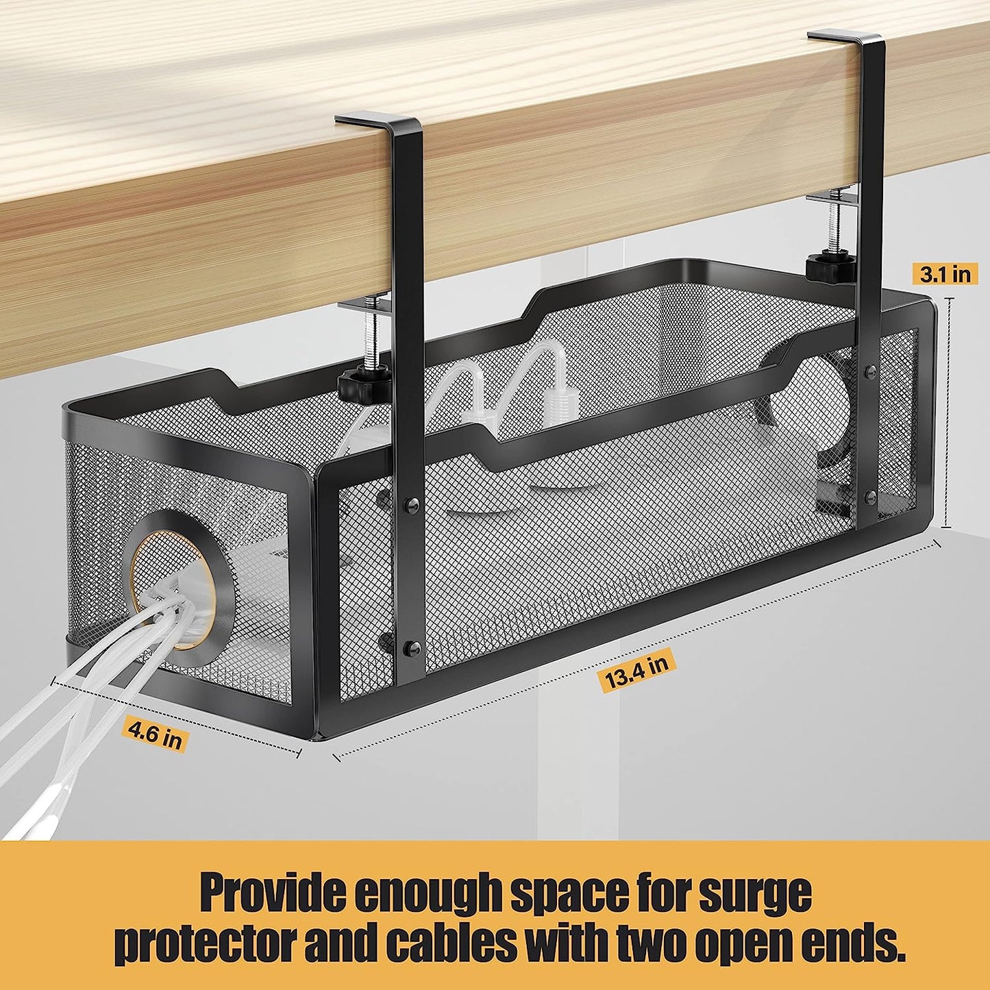 Under Desk Cable Management Tray Black, Wire Organizers No Drill, Cable Tray with Clamp for Wire Management, Cord Organization Box for Office, Home - No Damage to Desk
