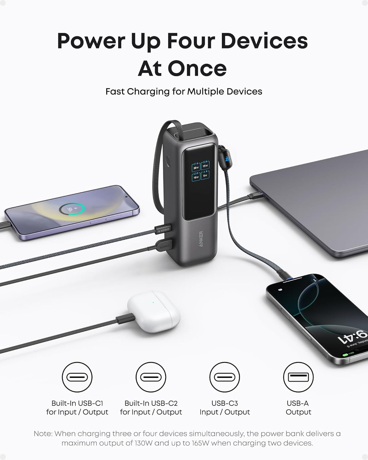 Laptop Power Bank, 25,000Mah Portable Charger with Triple 100W USB-C Ports for Multi-Device Charging, Built-In and Retractable Cables, for Iphone 16/15 Series, Macbook, Samsung, and More