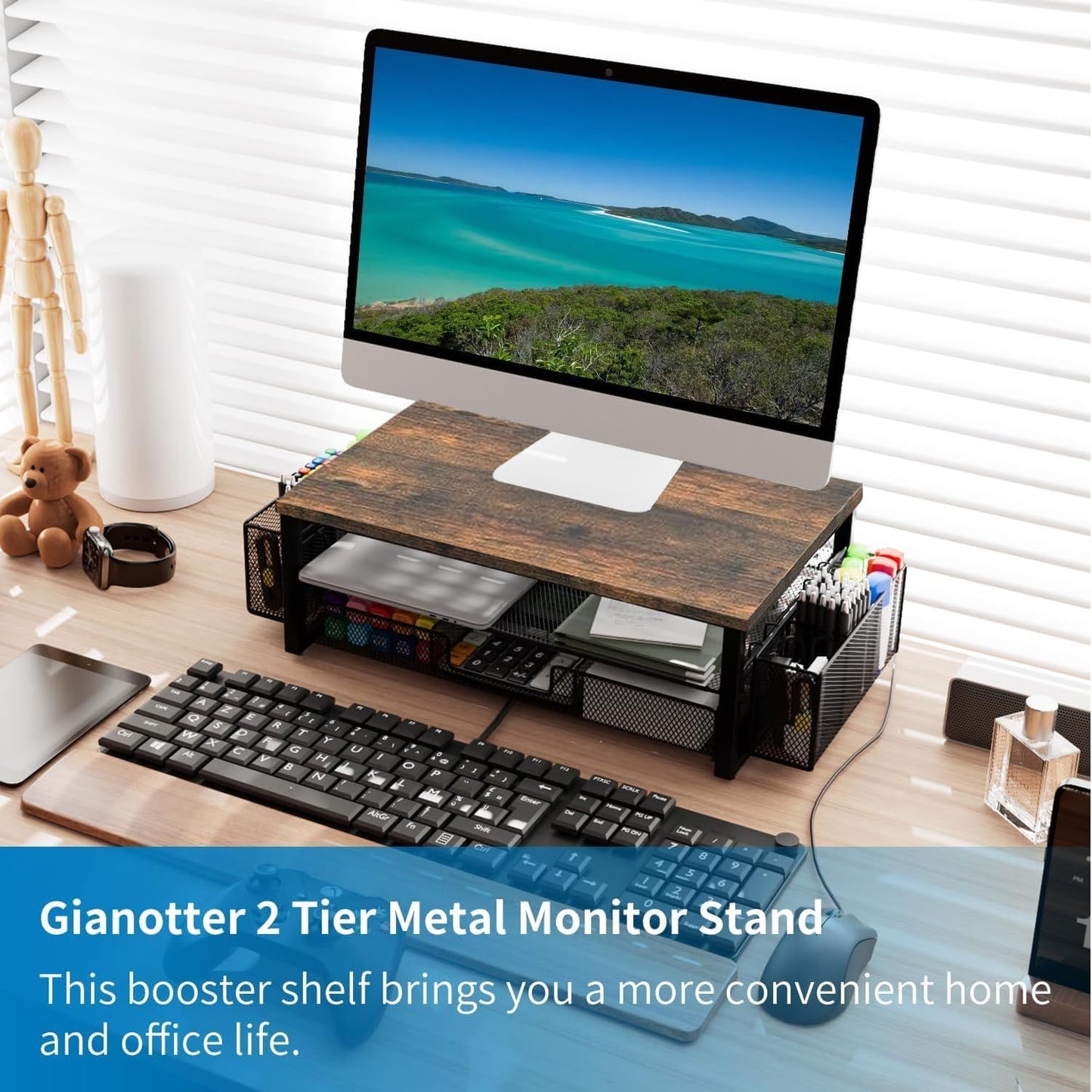 Monitor Stand Riser, Desk Organizer with Drawer and Pen Holder, 2-Tier Computer Stand, Office Desk Accessories, Office Organization (Wood)