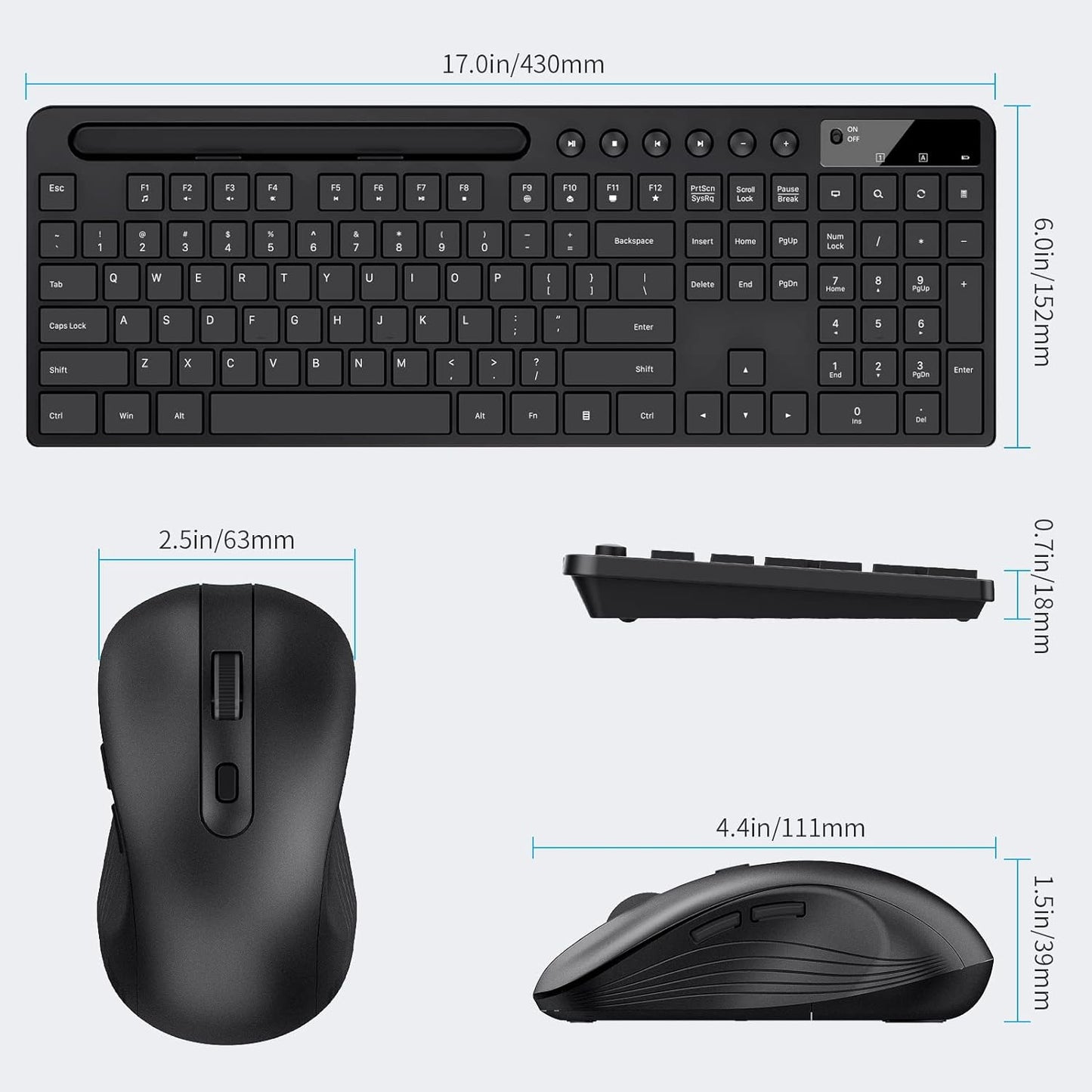 Wireless Keyboard and Mouse Combo, 2.4G Ergonomic Wireless Computer Keyboard with Phone Tablet Holder, Silent Mouse with 6 Button, Compatible with Macbook, Windows (Black)