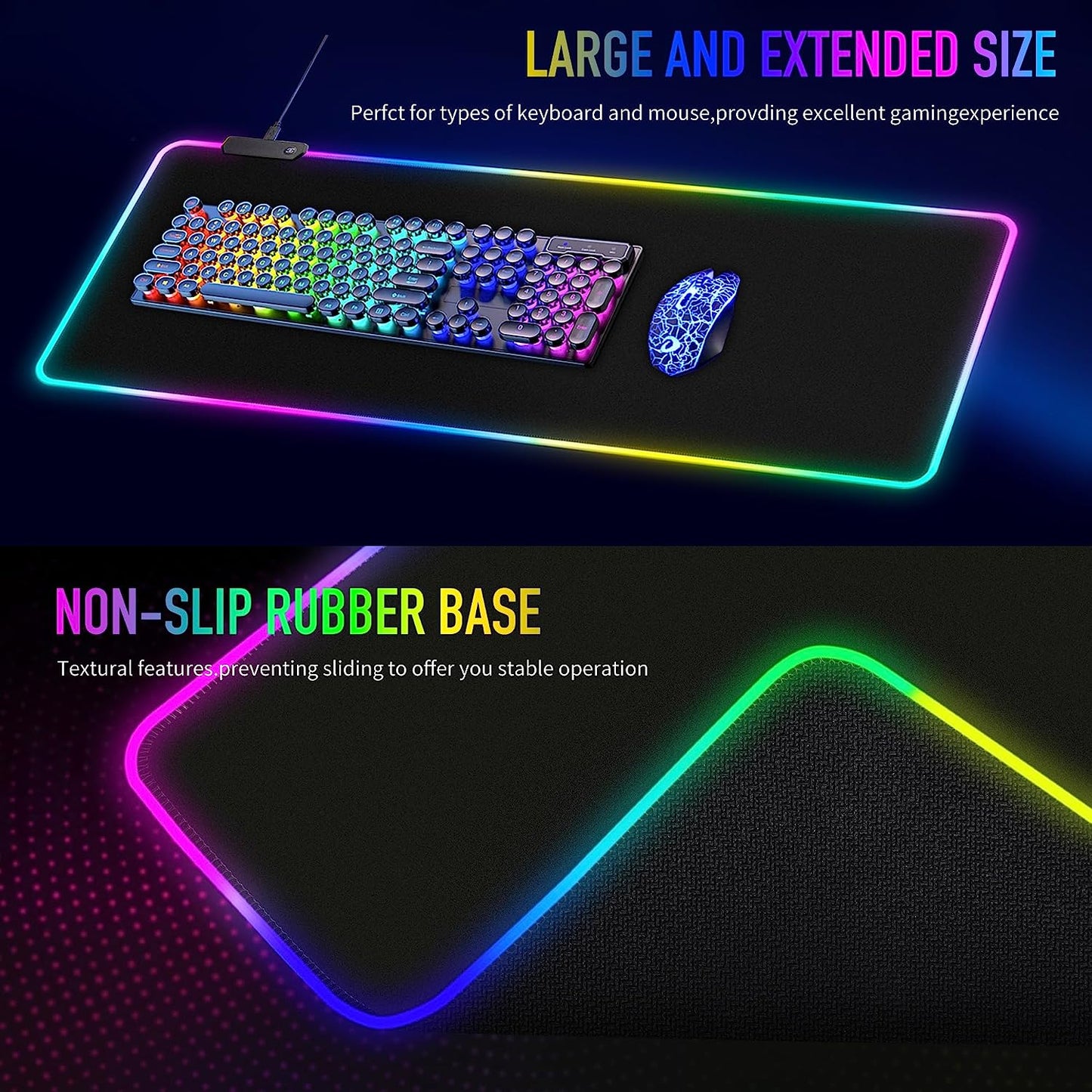 Large RGB Gaming Mouse Pad -15 Light Modes Touch Control Extended Soft Computer Keyboard Mat Non-Slip Rubber Base for Gamer Esports Pros 31.5X11.8