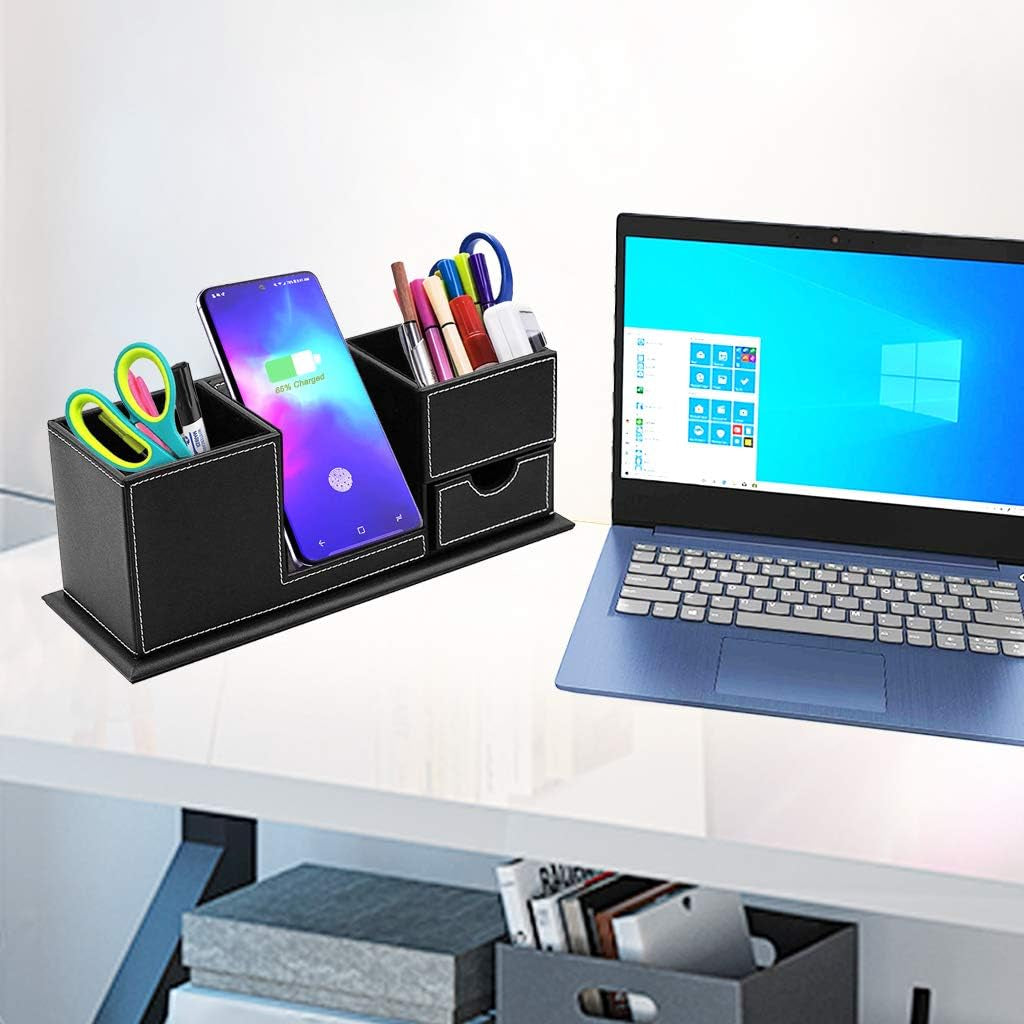 Pen Holder with Fast Wireless Charger, Cell Phone Stand Desktop Organizer, for Iphone 14/13/12/11/8/SE Series and Qi-Enabled Devices, Home Office Organizers for Desk.