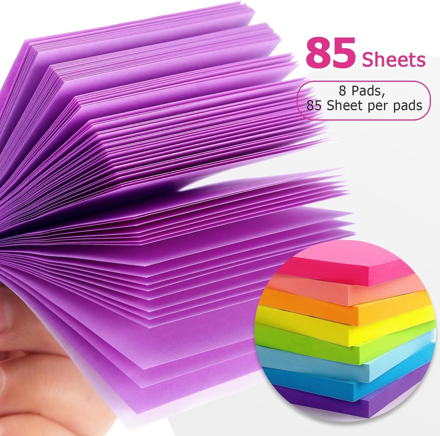8 Pads Sticky Notes 3X3 Self-Stick Notes 8 Bright Multi Colors Purple Sticky Notes, 85 Sheet/Pad