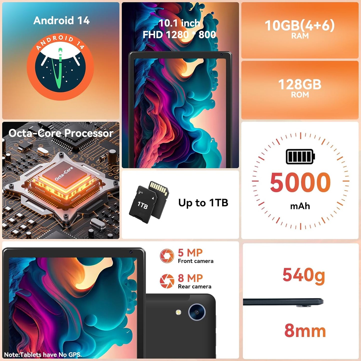 Tablet,10.1" Android Tablet with Octa-Core Processor 10GB RAM 128GB ROM HD IPS Touchscreen 8H Battery, Wi-Fi 6, BT 5.0, Dual Camera, Google Tablets 2025