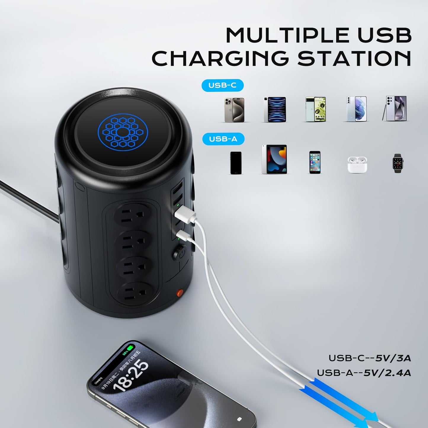 Heavy Duty Power Strip Tower with 16 Outlets and 5 USB Ports (2 USB-C), 1500J Surge Protector with Multiple Outlets, 6 FT Extention Cord for Home Office Desk, Dorm Room Essentials Black