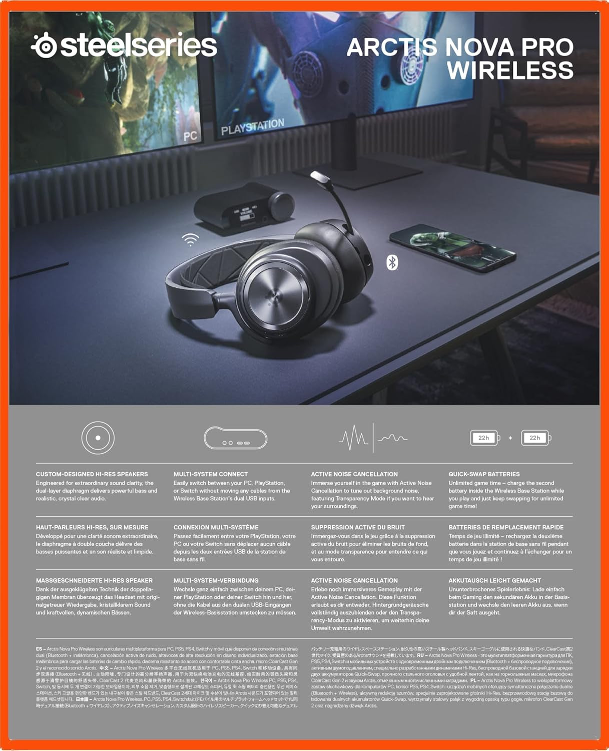 Arctis Nova Pro Wireless Multi-System Gaming Headset - Premium Hi-Fi Drivers - Active Noise Cancellation - Infinity Power System - Stealth Retractable Mic - PC, PS5/PS4, Switch, Mobile