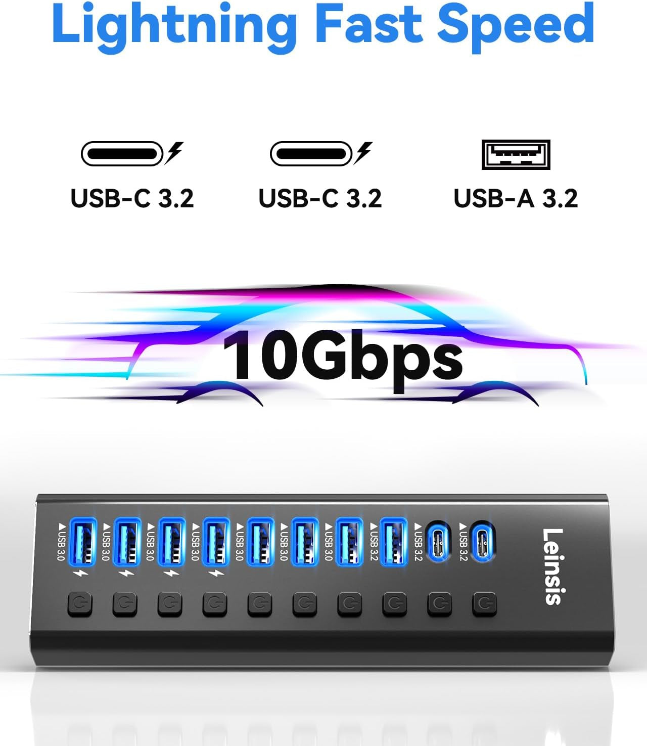 Powered USB Hub 3.2, 10-Port USB 3.2/USB C Hub (10Gbps USB-A 3.2 +2 USB-C 3.2 +7 USB 3.0 Ports) with Individual On/Off Switches and 12V Power Adapter, Aluminum USB Hub Powered for Laptop PC