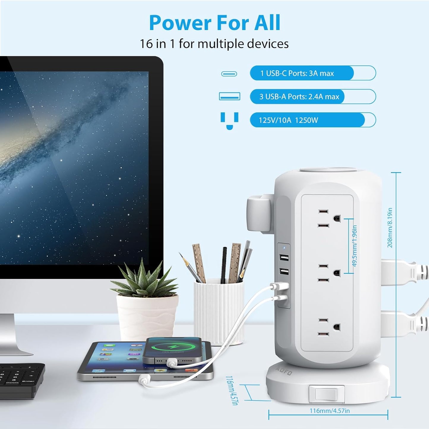 Tower Power Strip Flat Plug with 12 Outlets 4 USB(1 USB C), Surge Protector Charging Station with Overload Protection, Widely Spaced Multiple Outlets 10Ft Extension Cord for Home, Dorm,Office