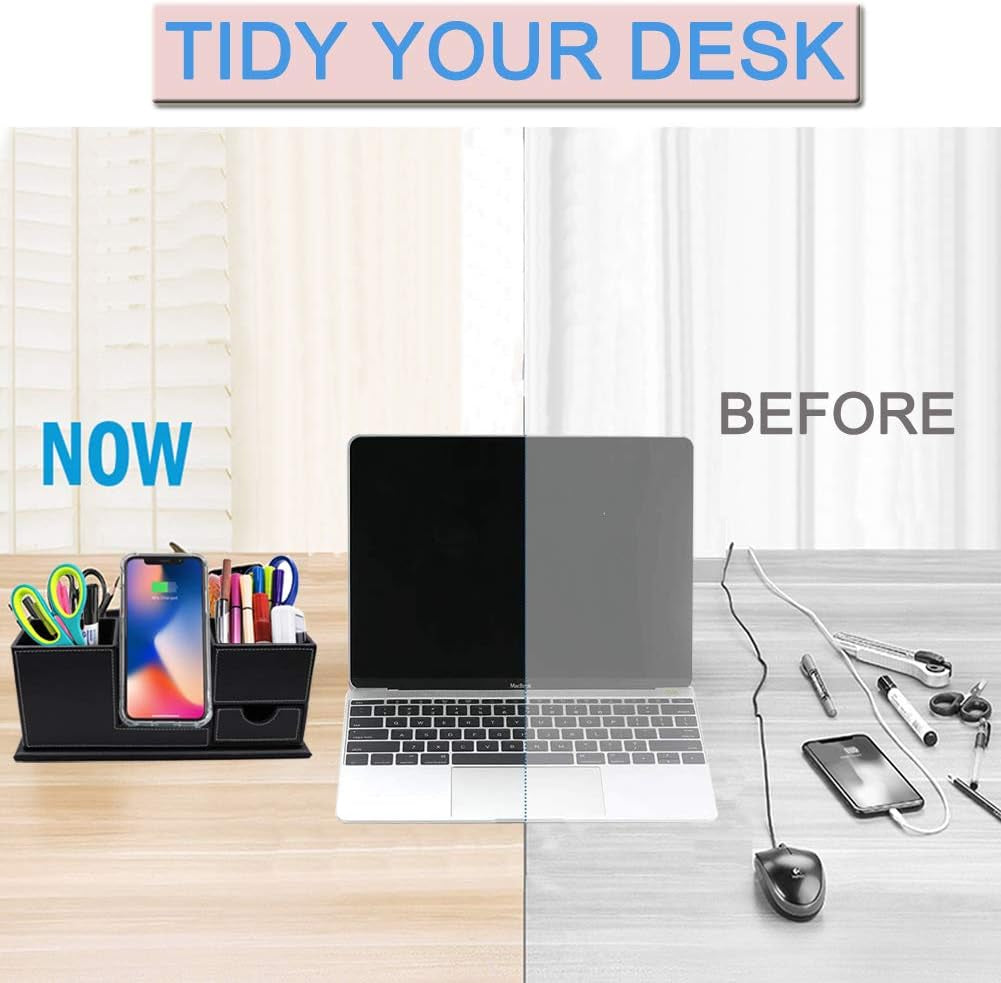 Pen Holder with Fast Wireless Charger, Cell Phone Stand Desktop Organizer, for Iphone 14/13/12/11/8/SE Series and Qi-Enabled Devices, Home Office Organizers for Desk.