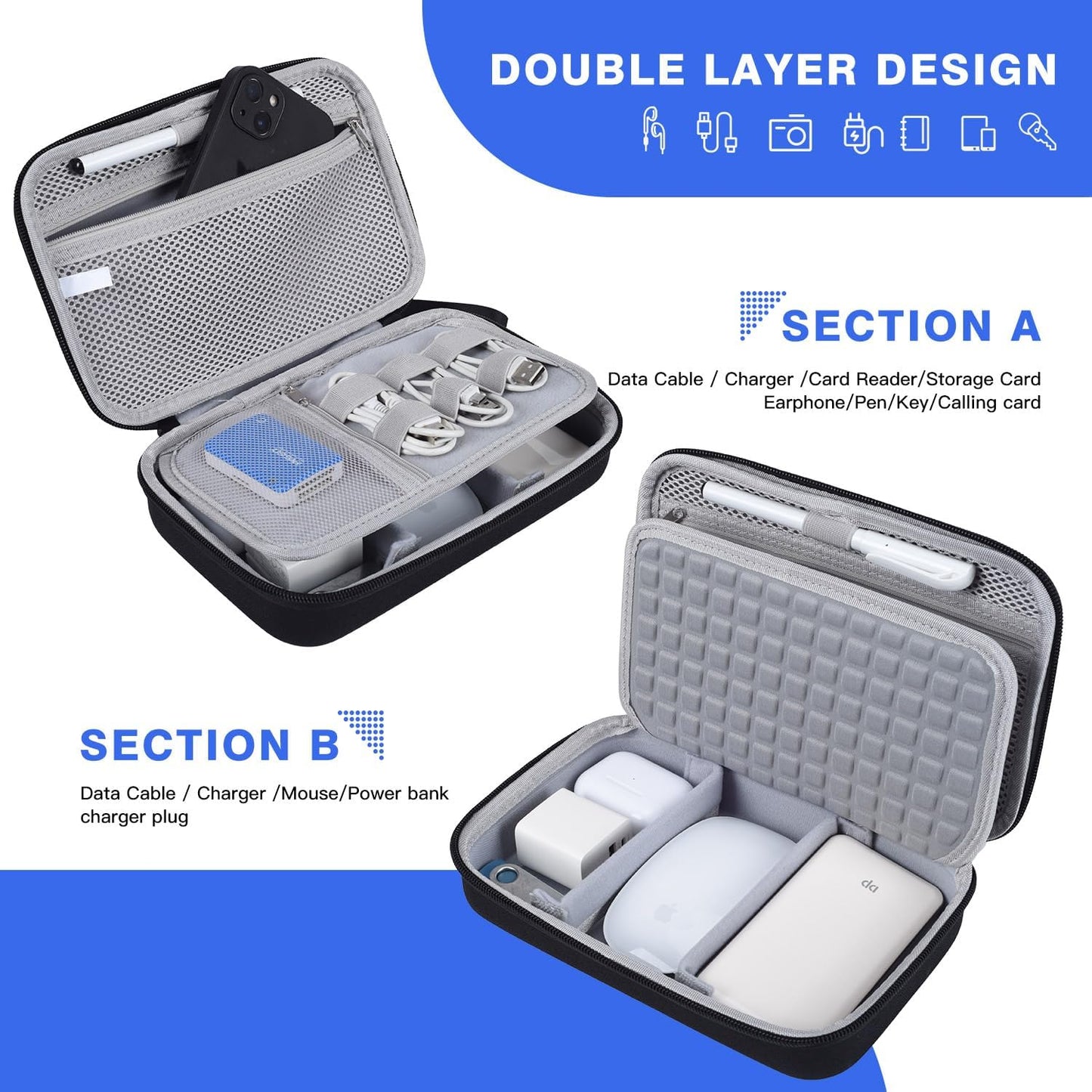 Hard Travel Electronic Organizer Case for Macbook Power Adapter Chargers Cables Power Bank Apple Magic Mouse Apple Pencil USB Flash Disk SD Card Hard Drive Waterproof Shockproof Carrying Bag, Black
