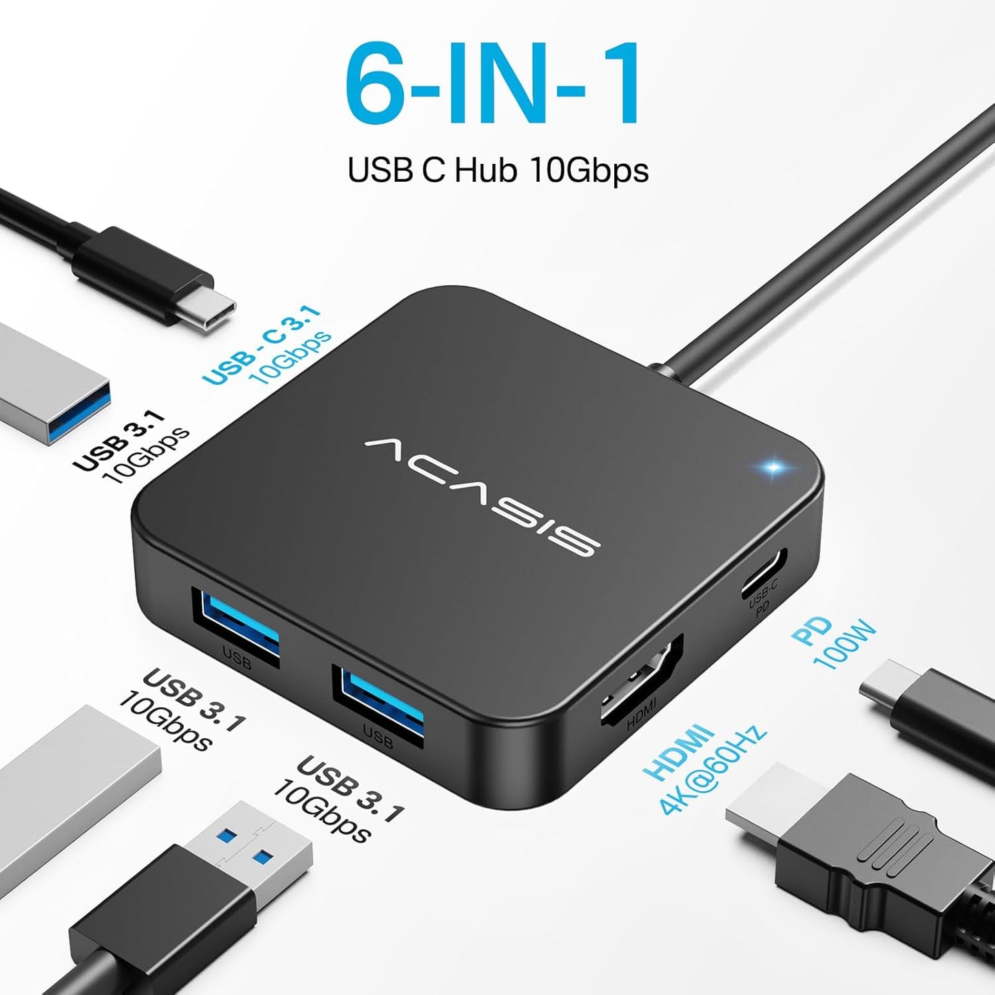 USB C Hub 10Gbps, Multiport Adapter with 4K 60Hz HDMI, 100W Power Delivery, 3 USB A3.2+1 USB-C 3.1 Data Port, USB C to HDMI Adapter for Macbook, Dell, Lenovo, Surface, Ipad PRO, Xps(Black)