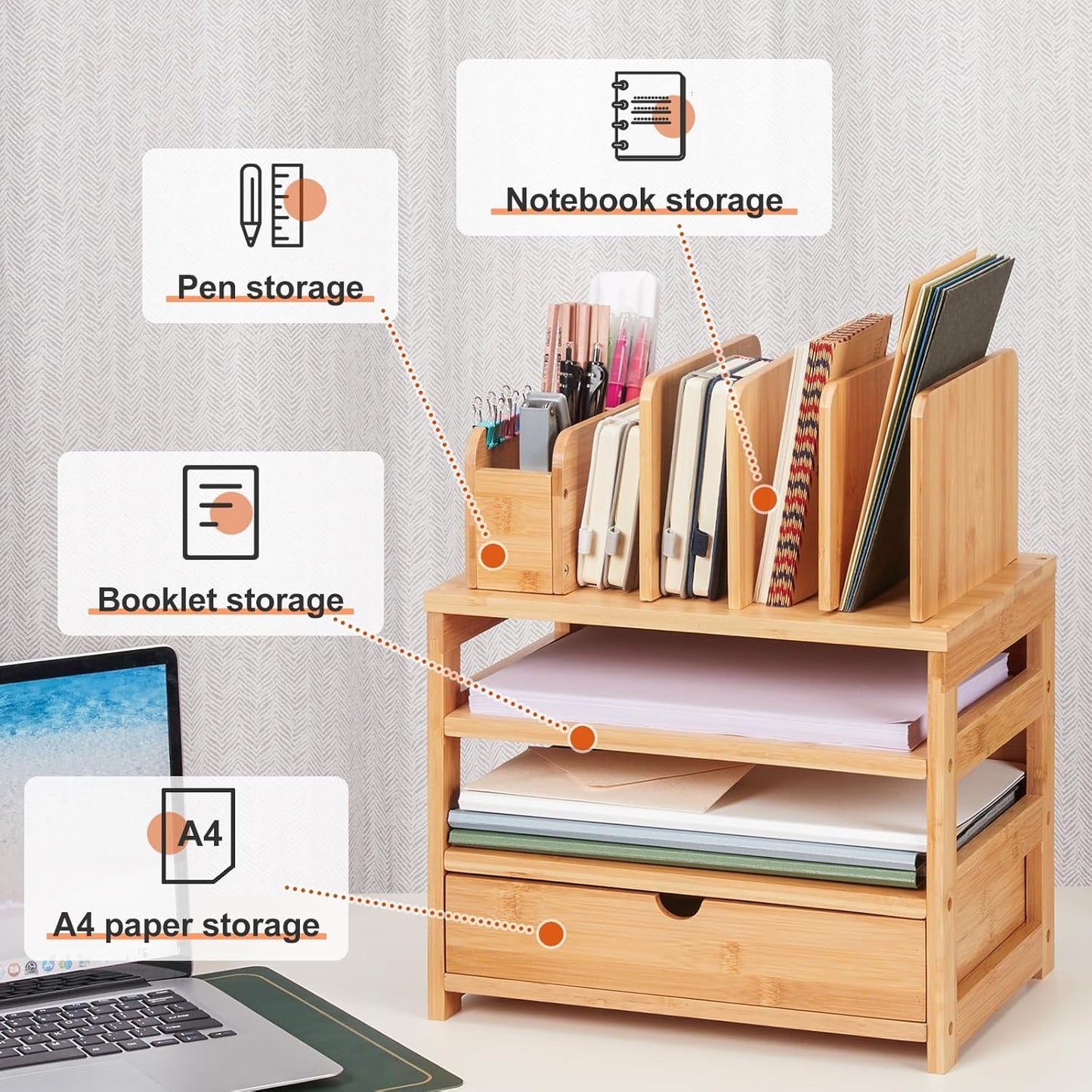 Bamboo Desk Organizer with Drawer and File Holder, Office Organization for Desks with Adjustable Pen Holding, Desktop Letter Paper Tray Storage for Workplace Home School (Natural, L)
