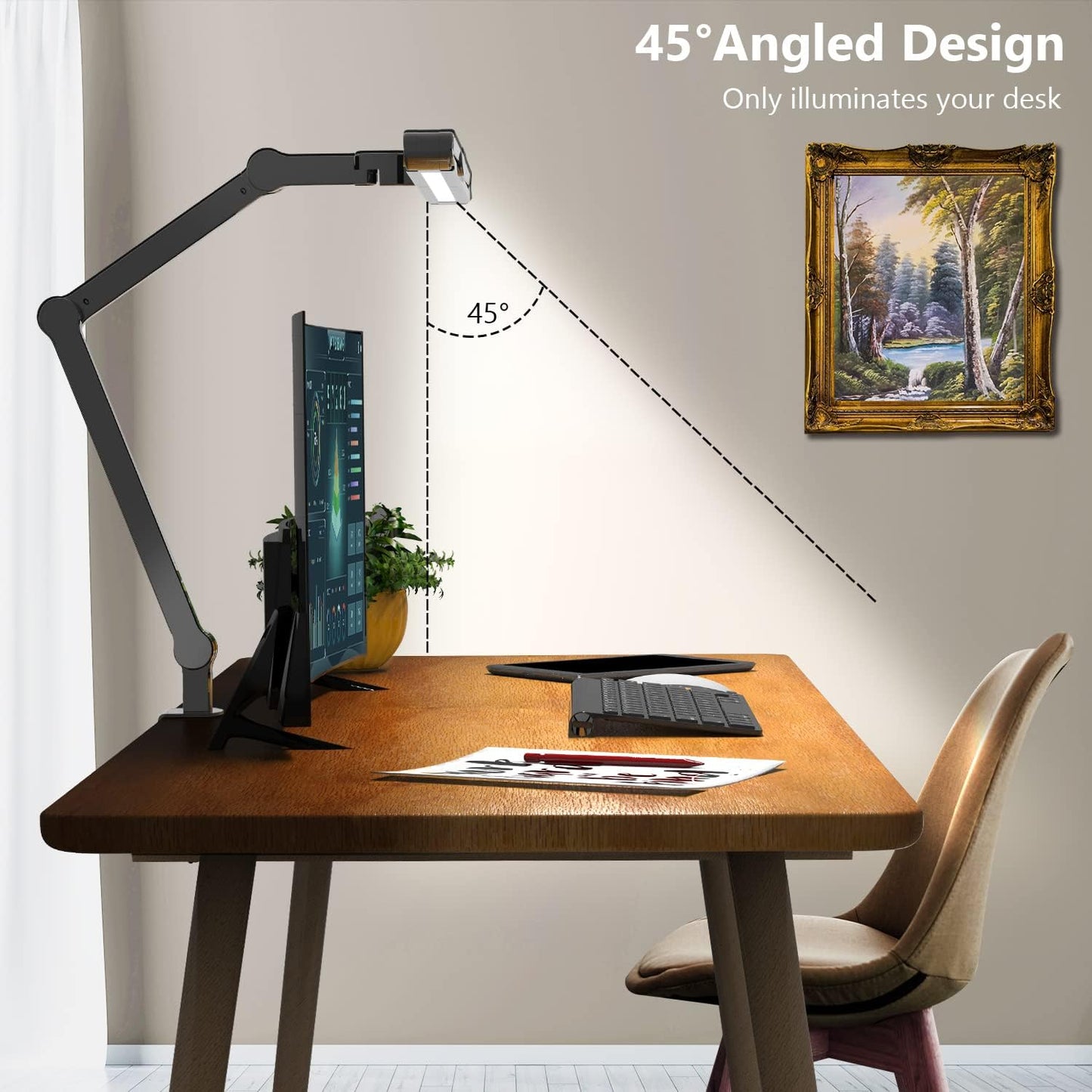 Led Desk Lamp with Clamp, Architect Desk Lamp for Home Office with Atmosphere Lighting, 24W Ultra Bright Auto Dimming Computer Light Stepless Dimming and Tempering LED Table Light