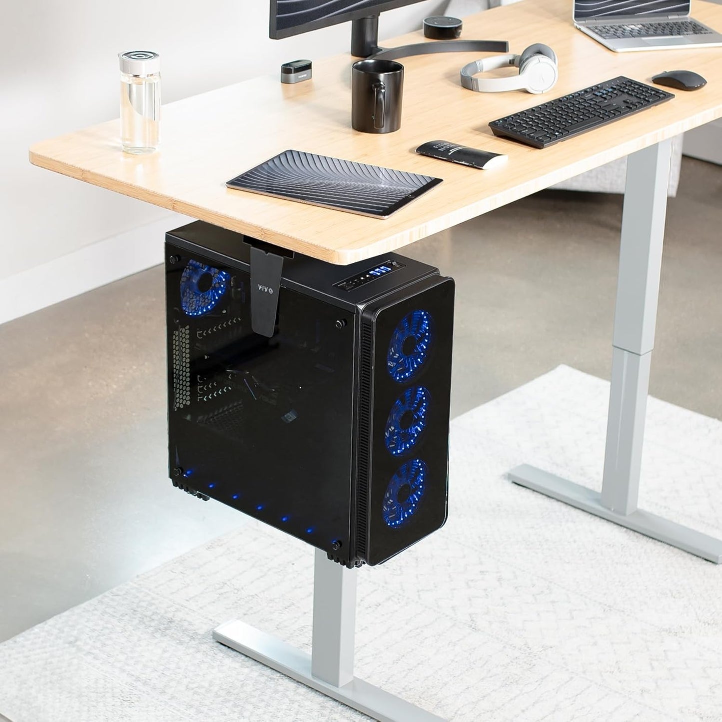 Adjustable under Desk and Wall PC Mount, Computer Case CPU Holder with Swivel Action and Secure Locking, Black, MOUNT-PC01