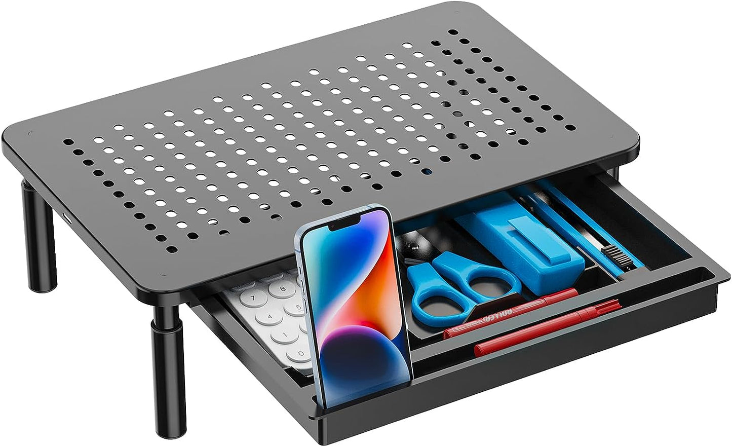 Computer Monitor Stand with Storage, Desk Monitor Riser 3 Height Adjustable, Laptop Riser with Airflow Vents, Desk Organizer for Computer, Laptop, Printer, Notebook (STT003D-B), 1 Pack, Black