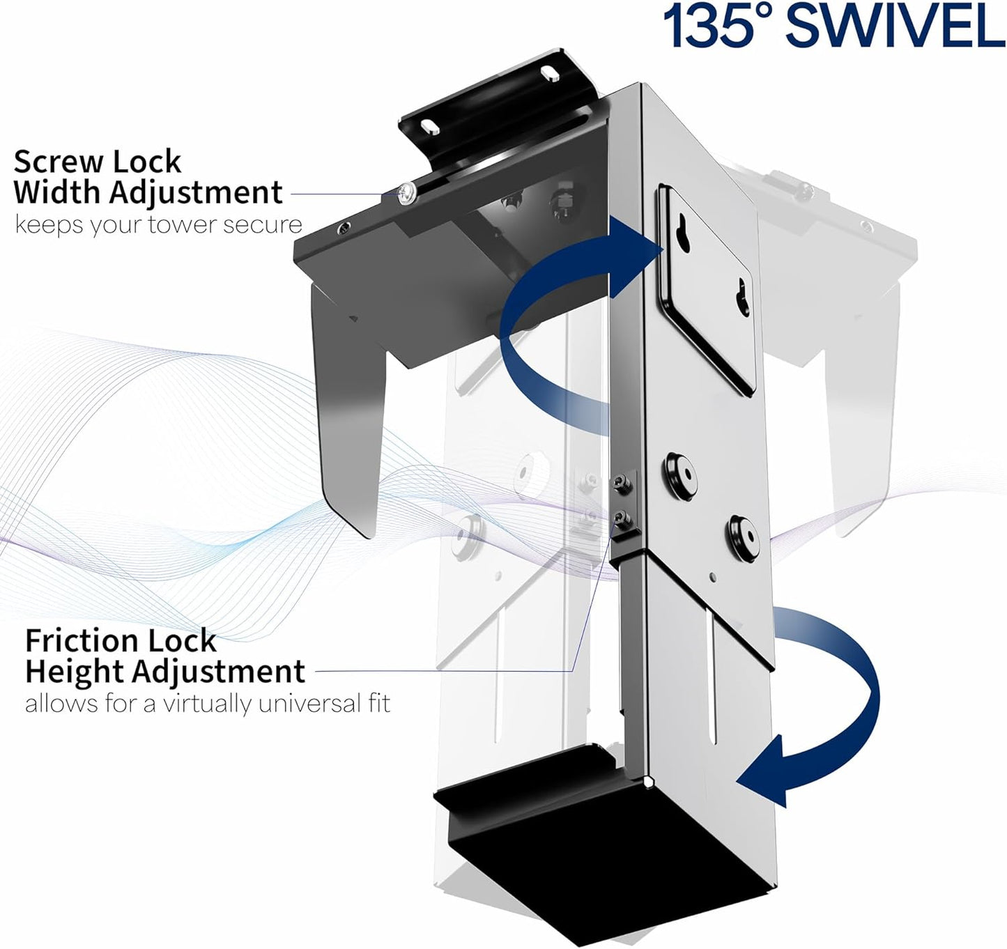 Adjustable under Desk and Wall PC Mount, Computer Case CPU Holder with Swivel Action and Secure Locking, Black, MOUNT-PC01