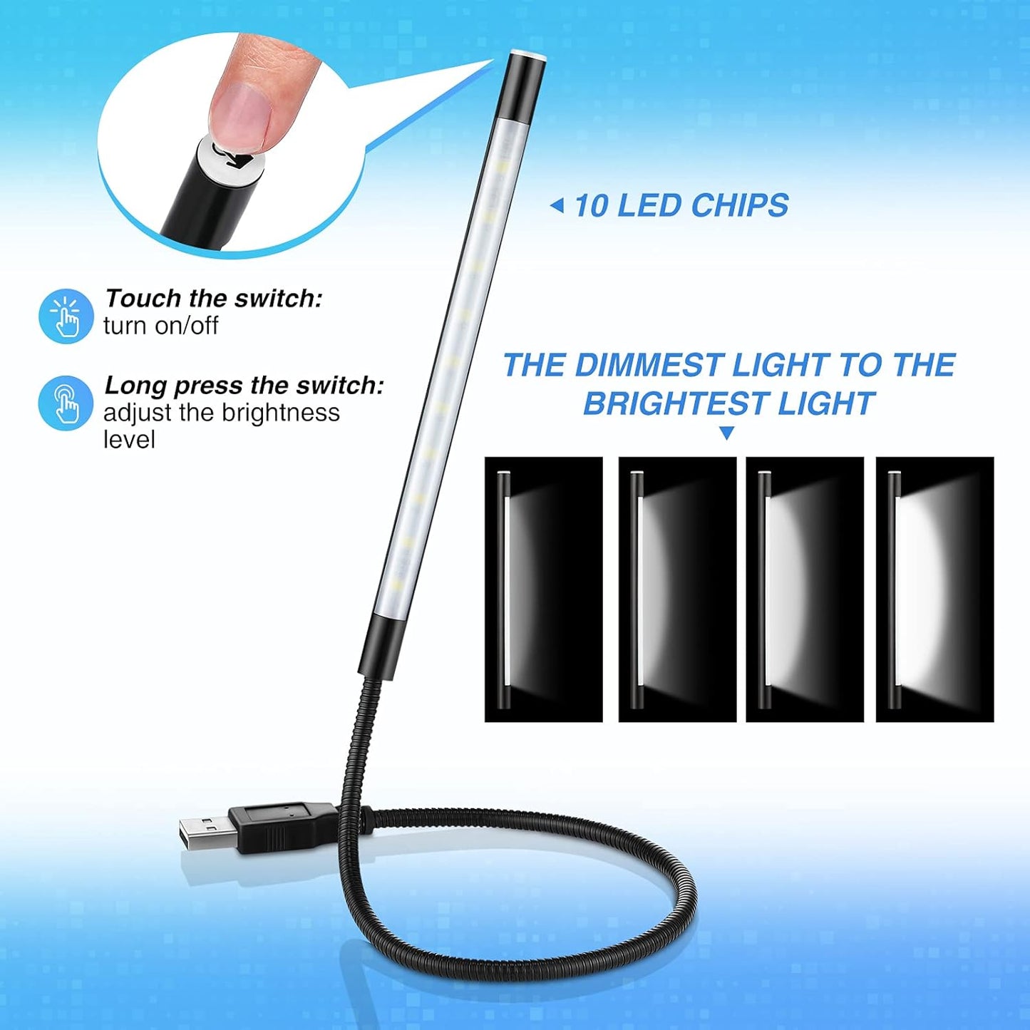 2 Pieces USB LED Light for Laptop Keyboard Light Gooseneck Computer Lamp Flexible Stick Dimmable LED Lamp Touch Switch for Reading Book(Black, Blue)
