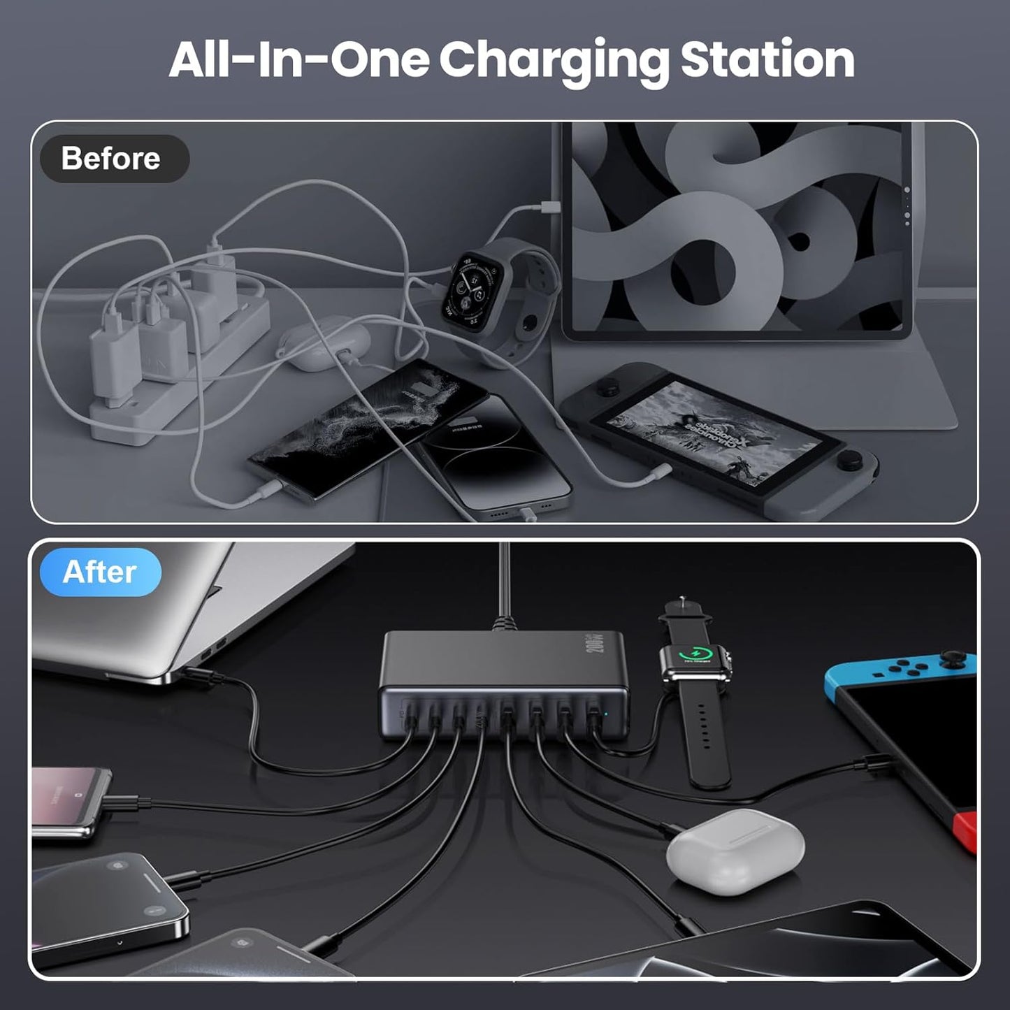 200W USB C Charger Block,Gan IV Charging Station 8 Ports,Qc4.0 Fast Charging Station Hub+Pd 65W USB C Laptop Charger Adapter Compatible with Macbook Air/Pro,Dell,Iphone 16/15,Ipad,Steam Deck-Black