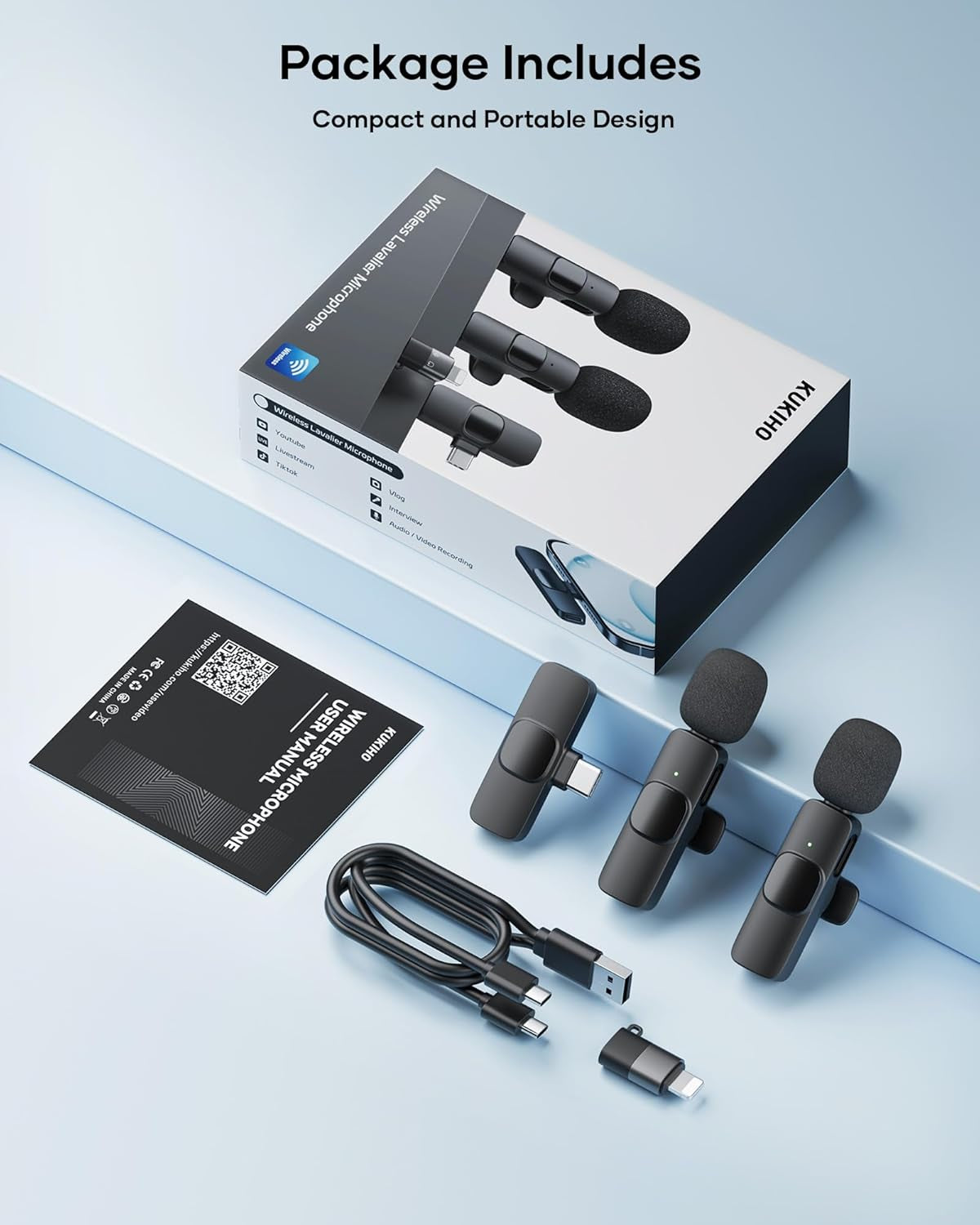 2 Pack Wireless Lavalier Microphone for Iphone Ipad and Android Phone, Lapel Mic Plug and Play Wireless Mic Noise Reduction Microphone for Video Recording Interview Podcast Vlog Youtube Tiktok