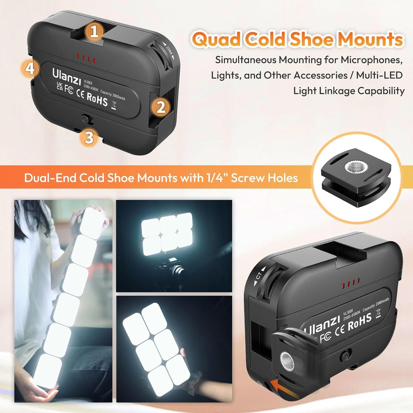 VL100X Selfie Light, Clip LED Light Panel for Phone/Laptop/Tablet/Computer, Bi-Color Portable Clip Camera Light with Dimmable 2500-6500K with 2000Mah Battery for Video Conference/Picture