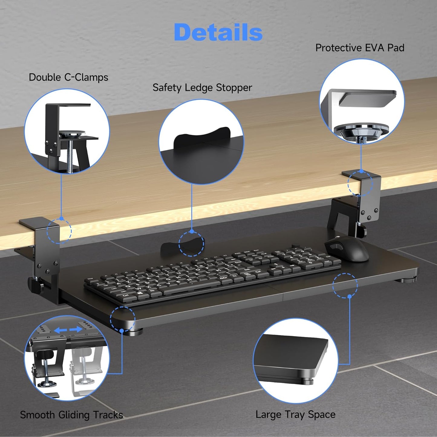 Keyboard Tray under Desk Large C-Clamp 25.6β (30β Including Clamps) X 11.8β Slide-Out Platform Computer Drawer Pull Out Keyboard & Mouse Tray Black DSF4